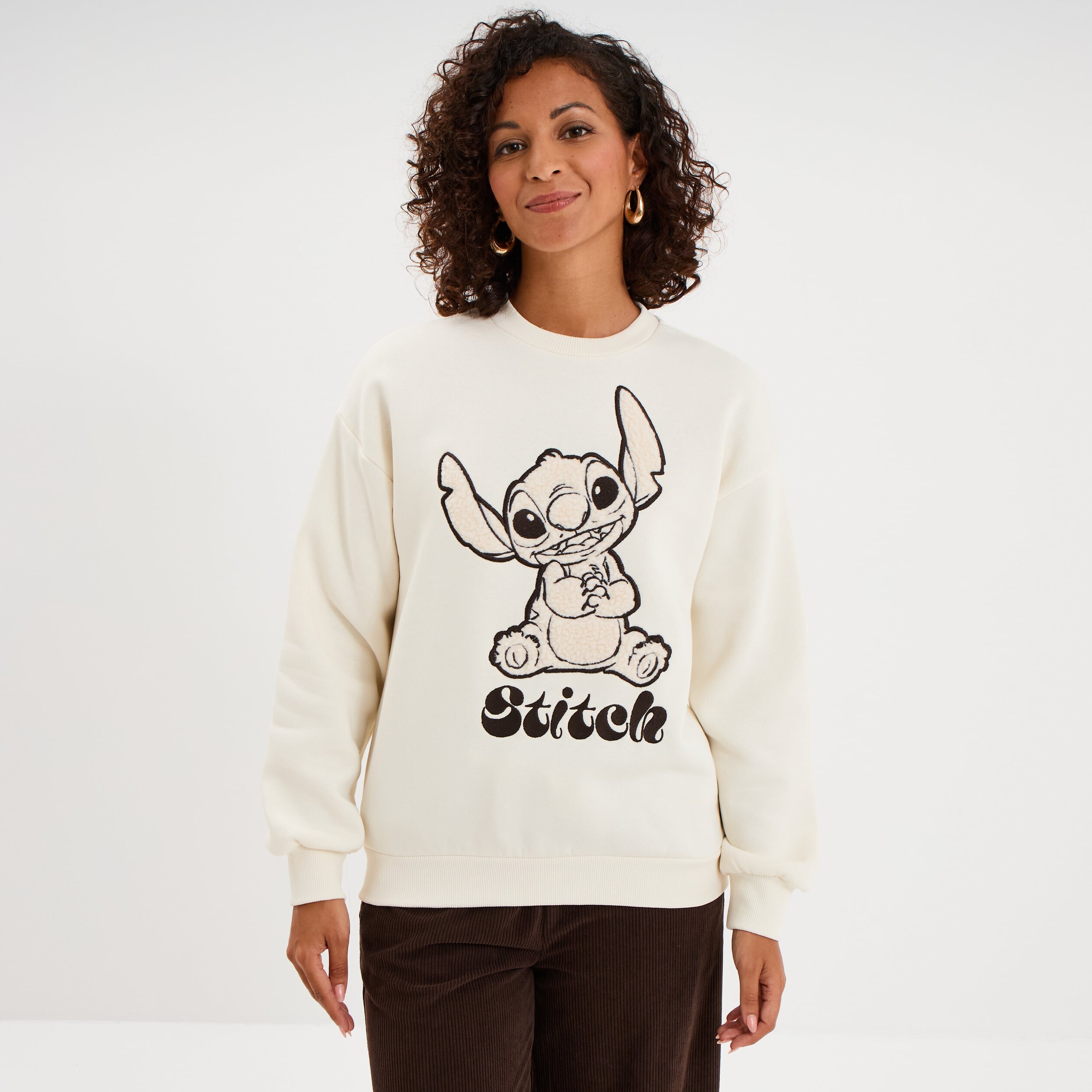 Sweat col rond manches longues Stitch ivoire femme