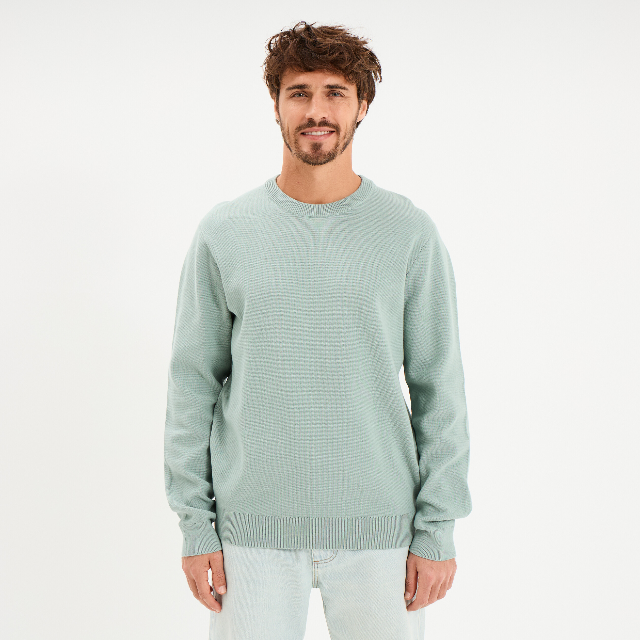 Pull col rond manches longues bleu gris homme