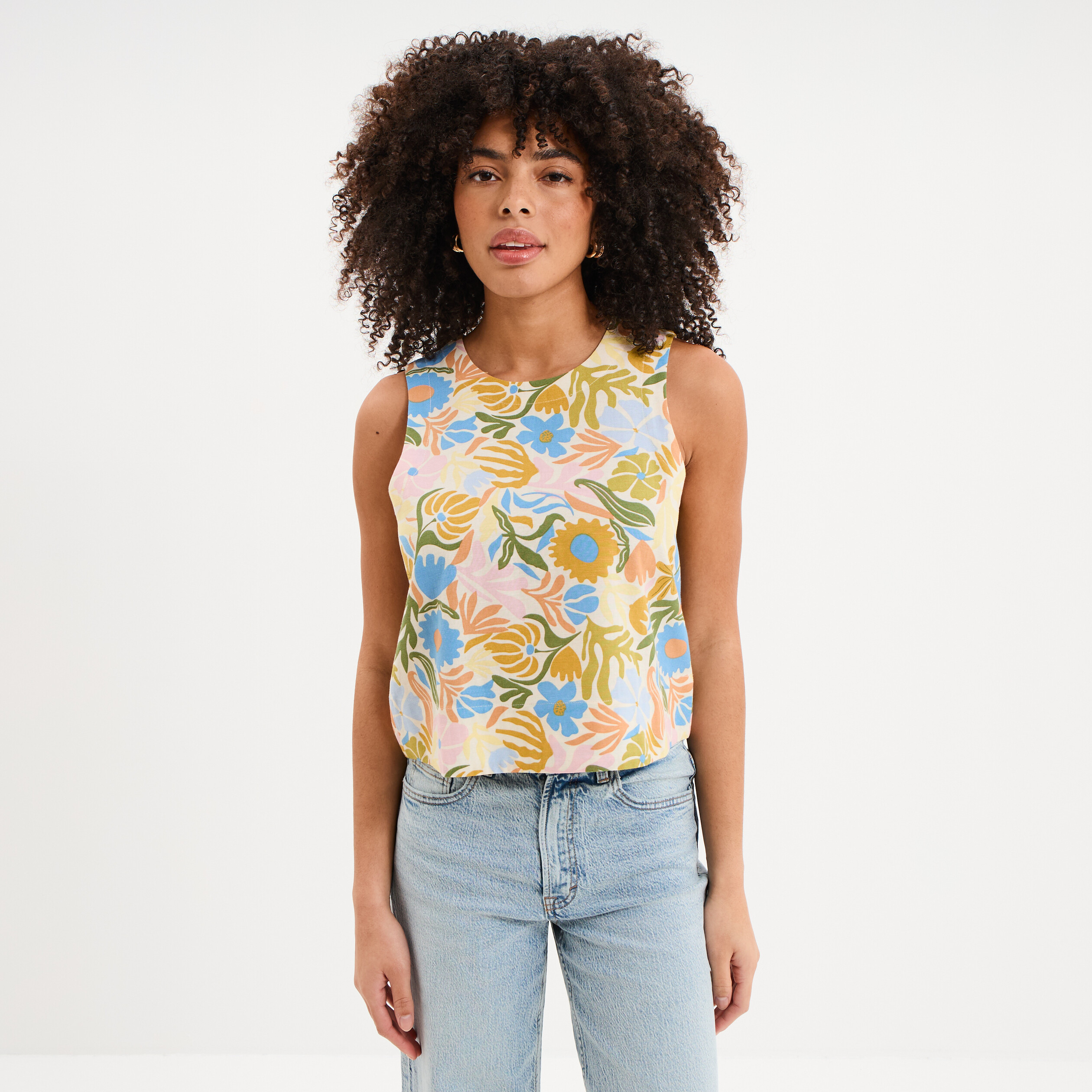 Blouse courte droite sans manches blanc femme