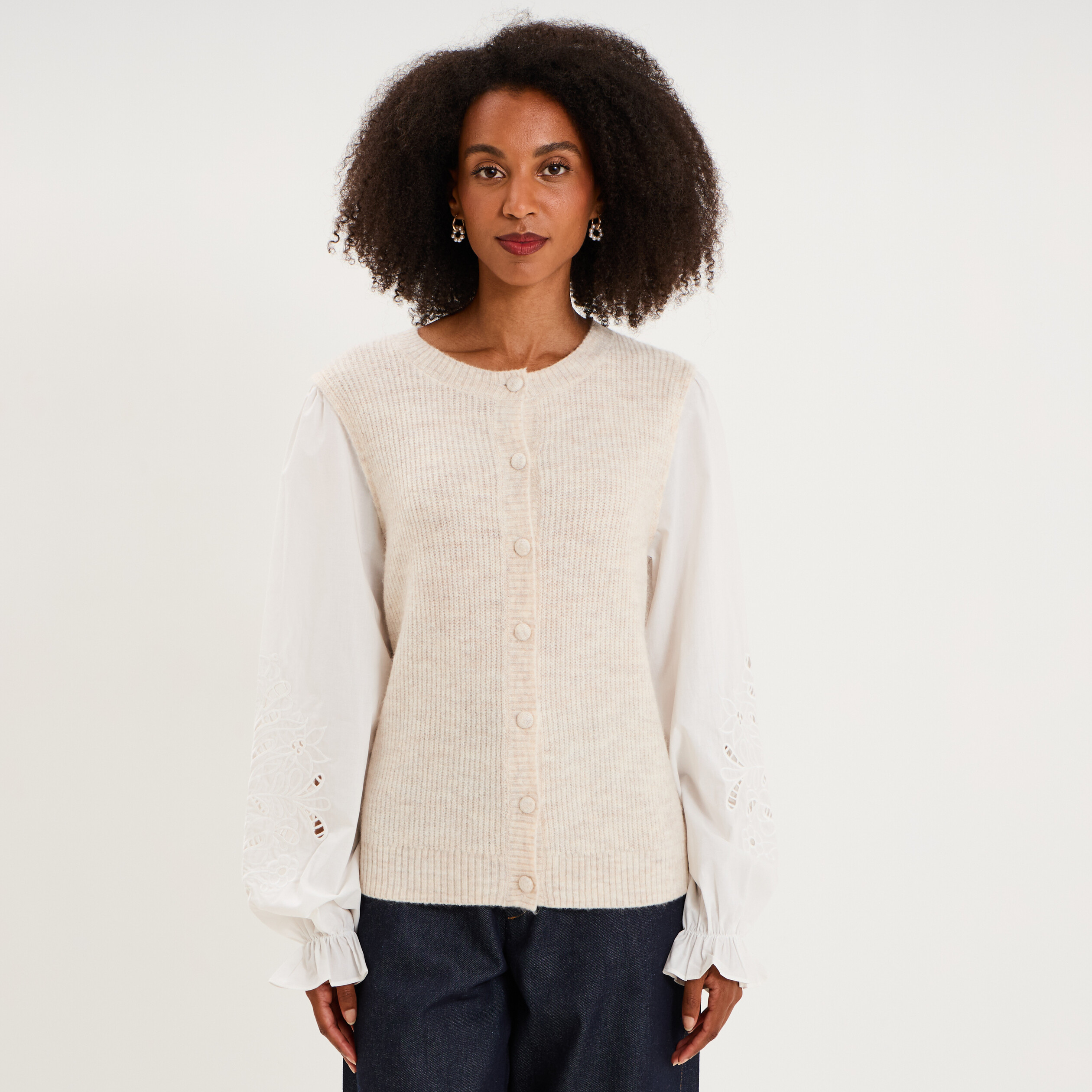 Gilet 2 en 1 bi-mati&egrave;re col rond beige femme