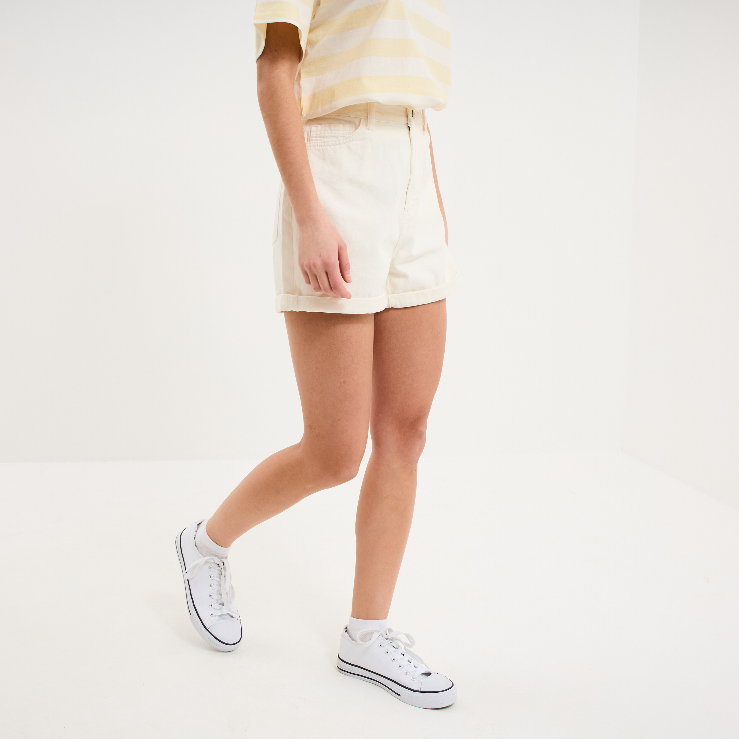 Short mom 5 poches coton ecru femme
