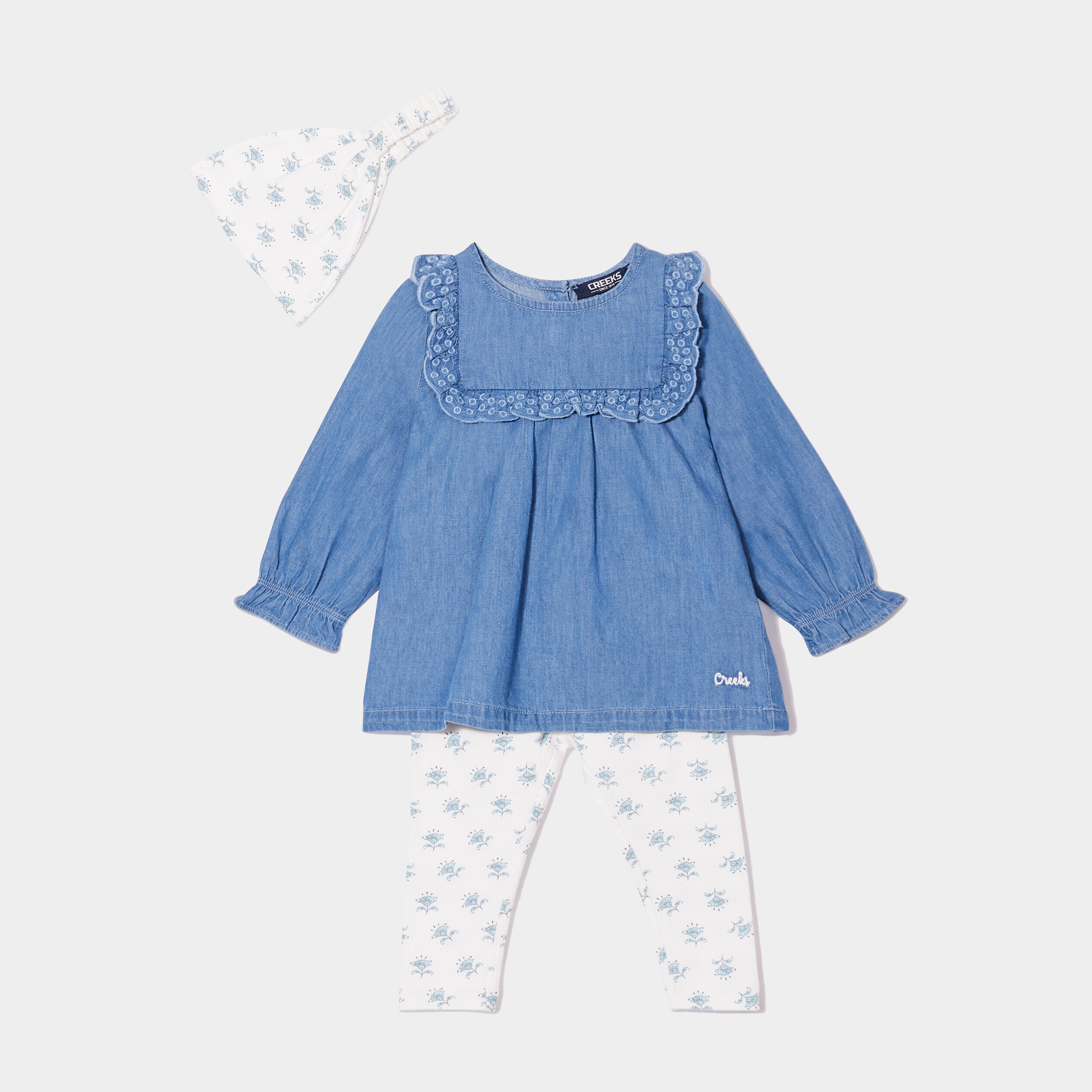 ensemble coton 3 pieces blouse en jean creme bebef Ensemble coton 3 pièces blouse en jean creme bébé fille