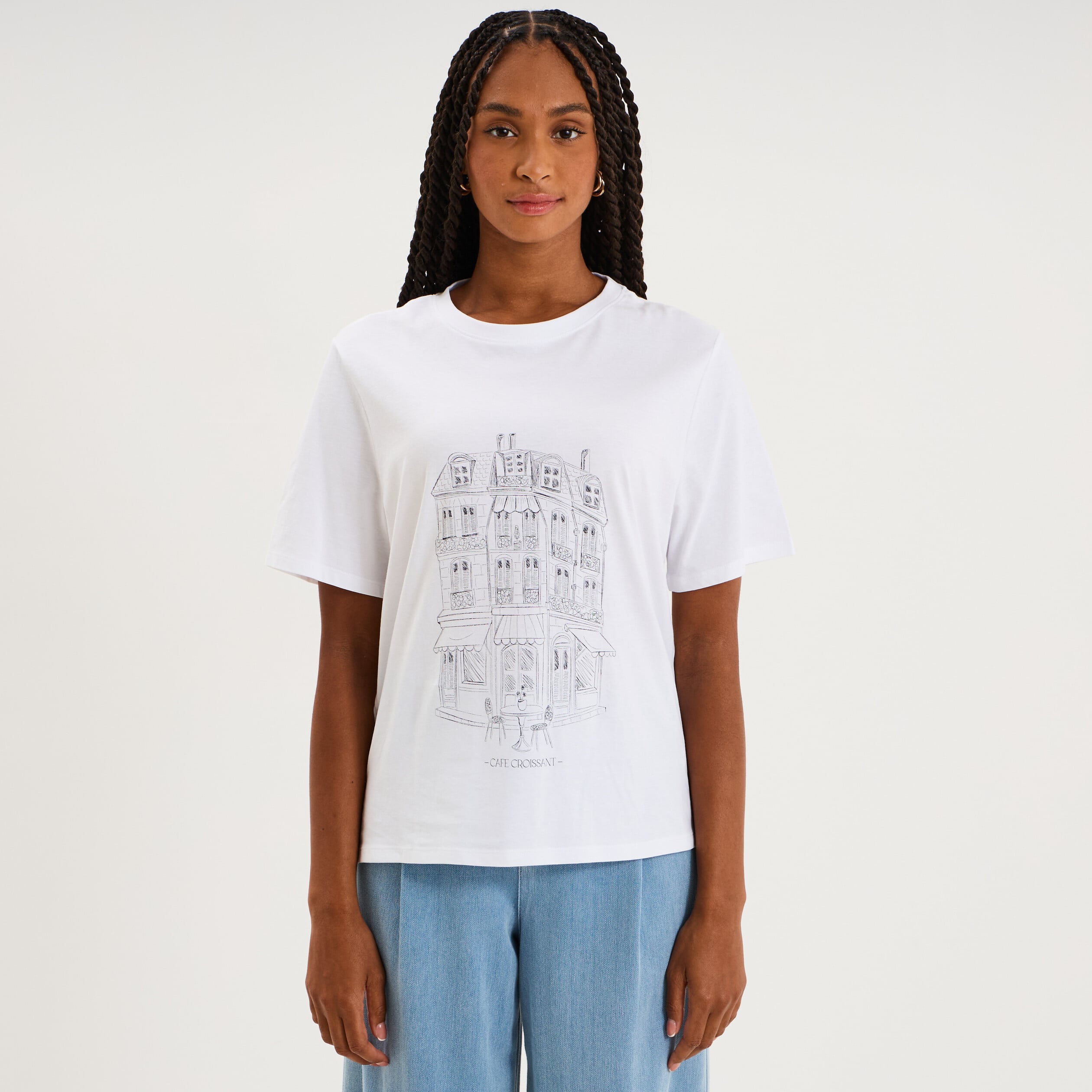 T-shirt col rond manches courtes imprim&eacute; blanc femme