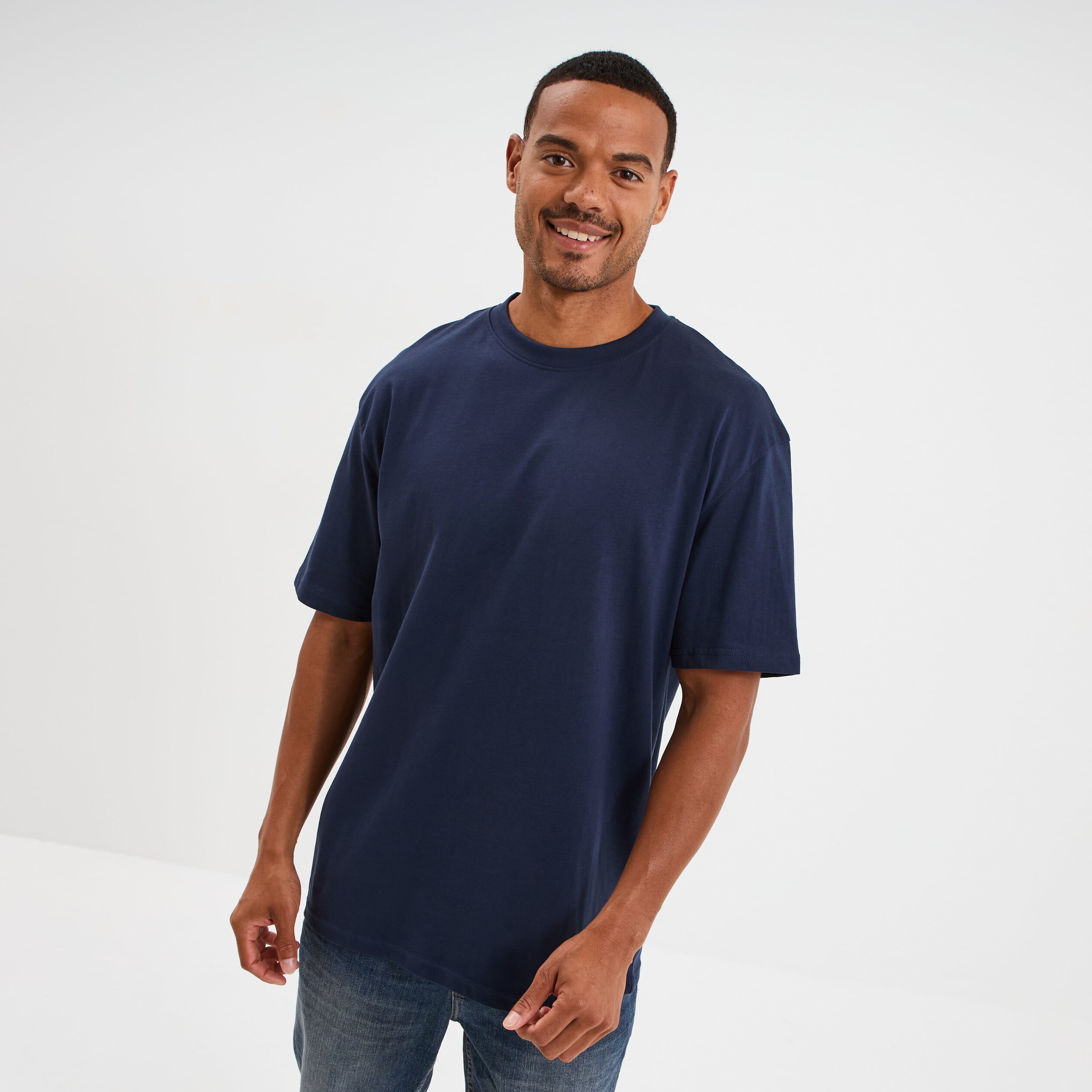 T-shirt col rond coupe relax coton &eacute;pais bleu marine homme