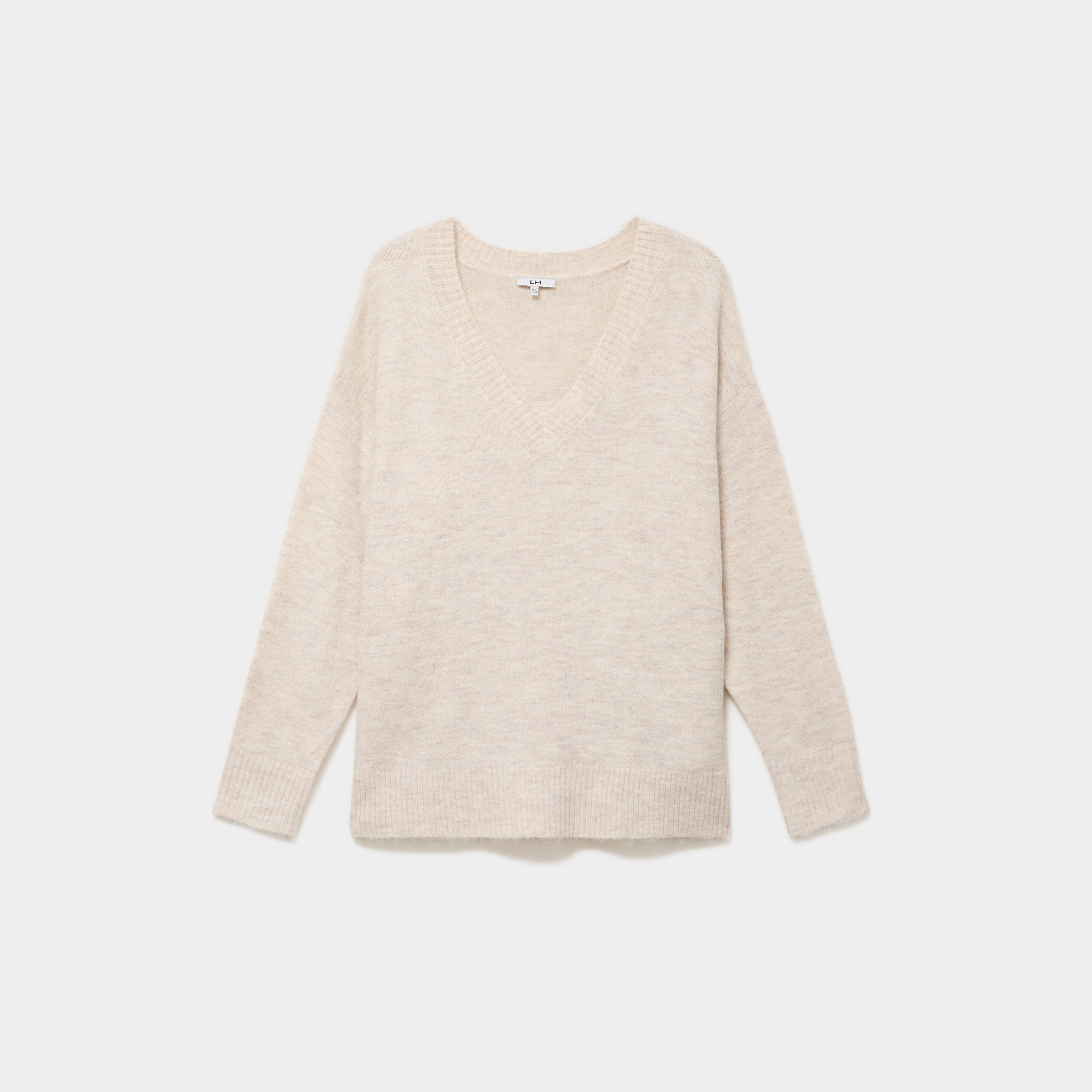 Pull droit col en V manches longues ecru femme grande taille