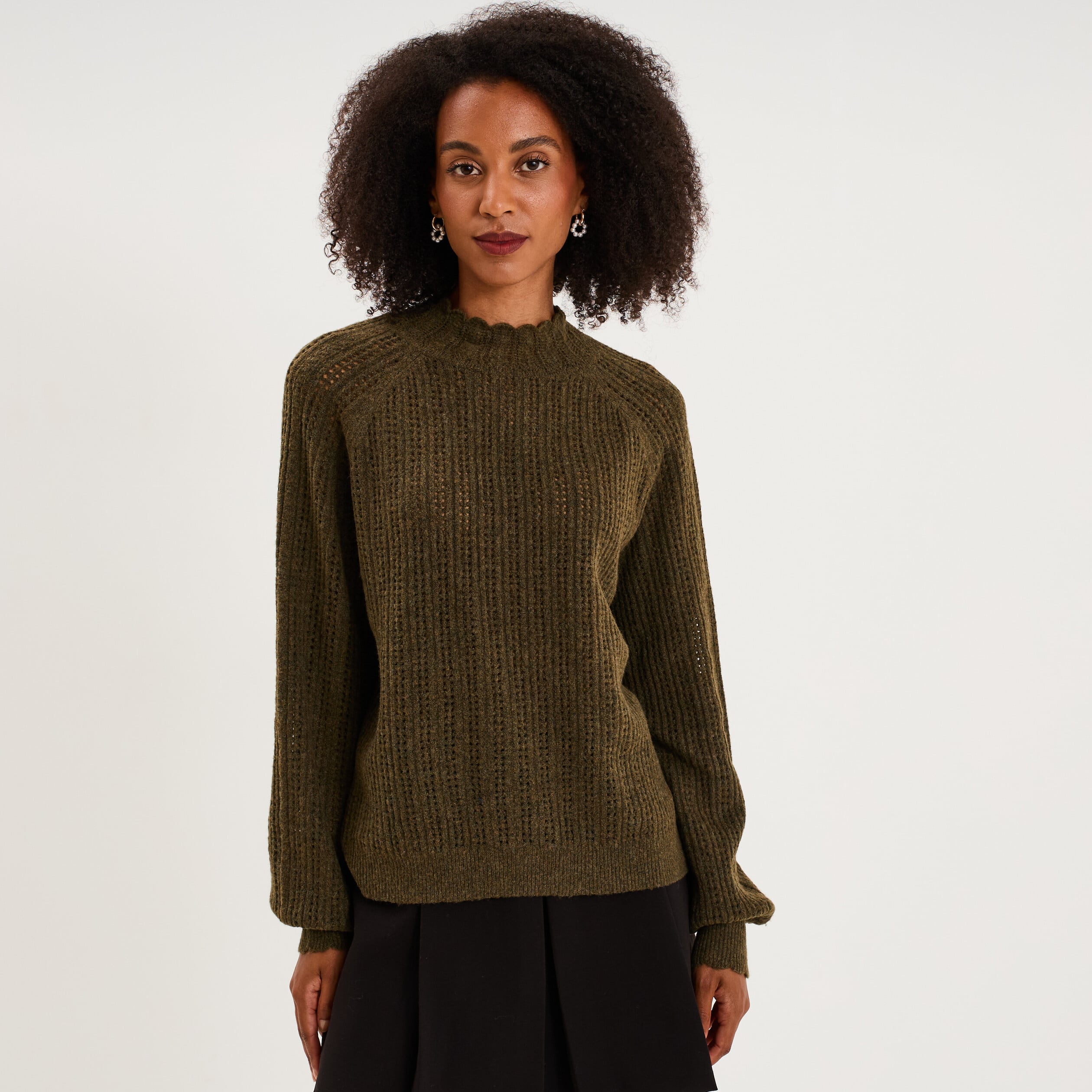 Pull col montant textur&eacute; manches longues vert kaki femme
