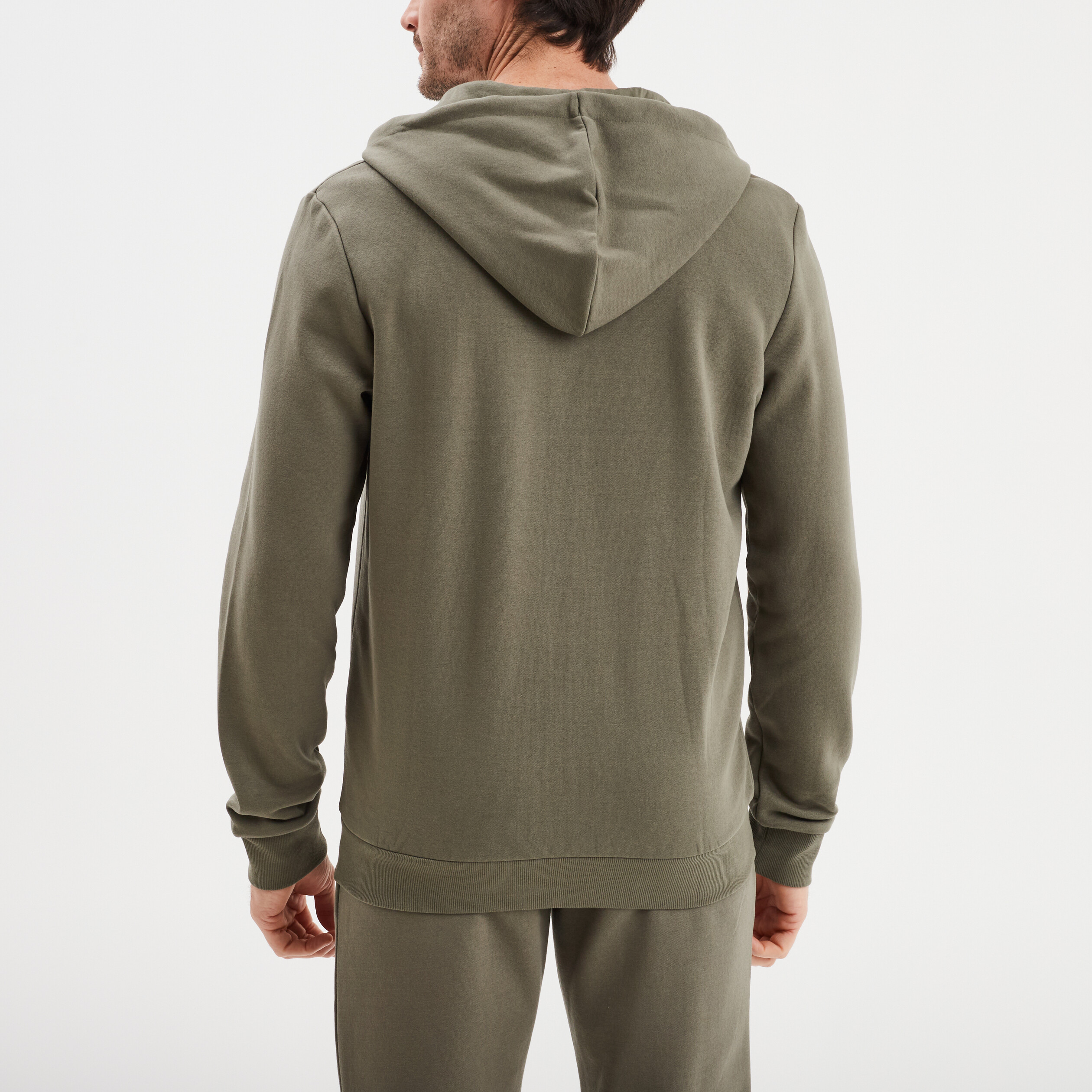 Sweat zipp&eacute; molleton &agrave; capuche vert kaki homme