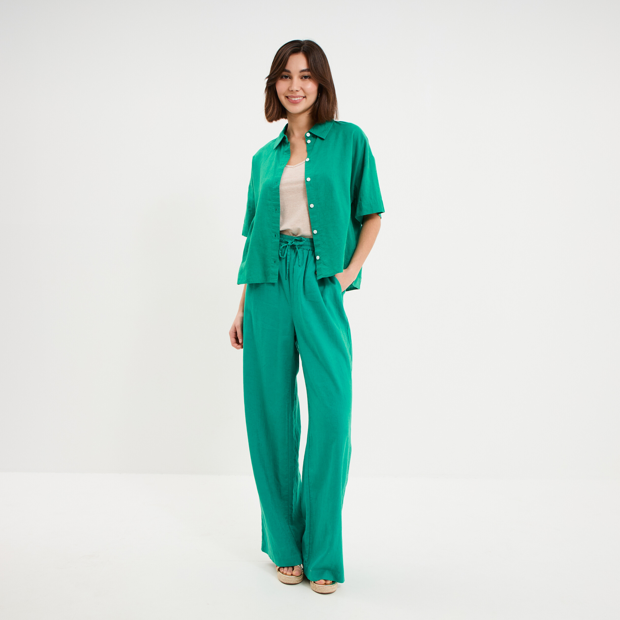 Chemise manches courtes lin m&eacute;lang&eacute; vert canard femme