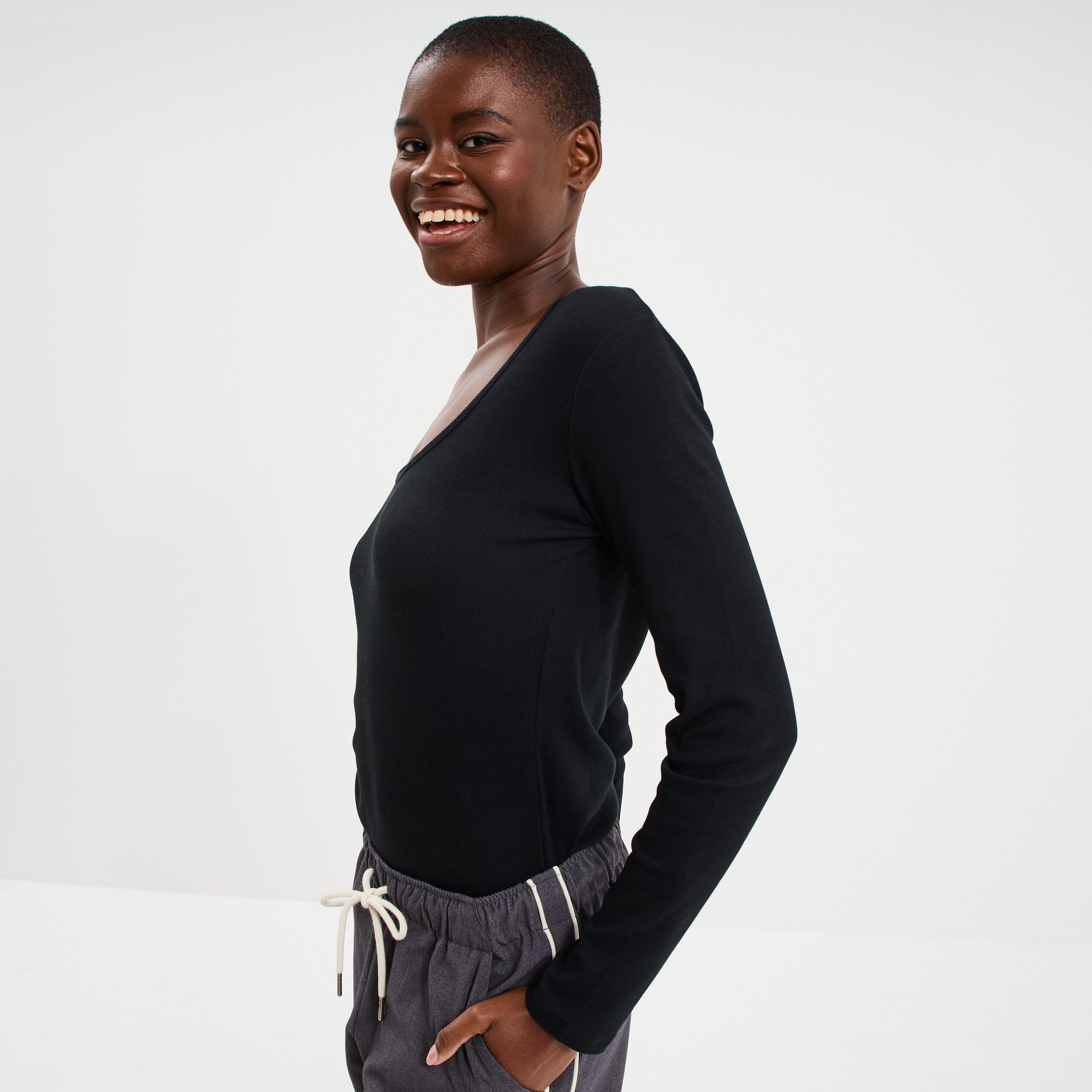 T-shirt coton stretch manches longues noir femme