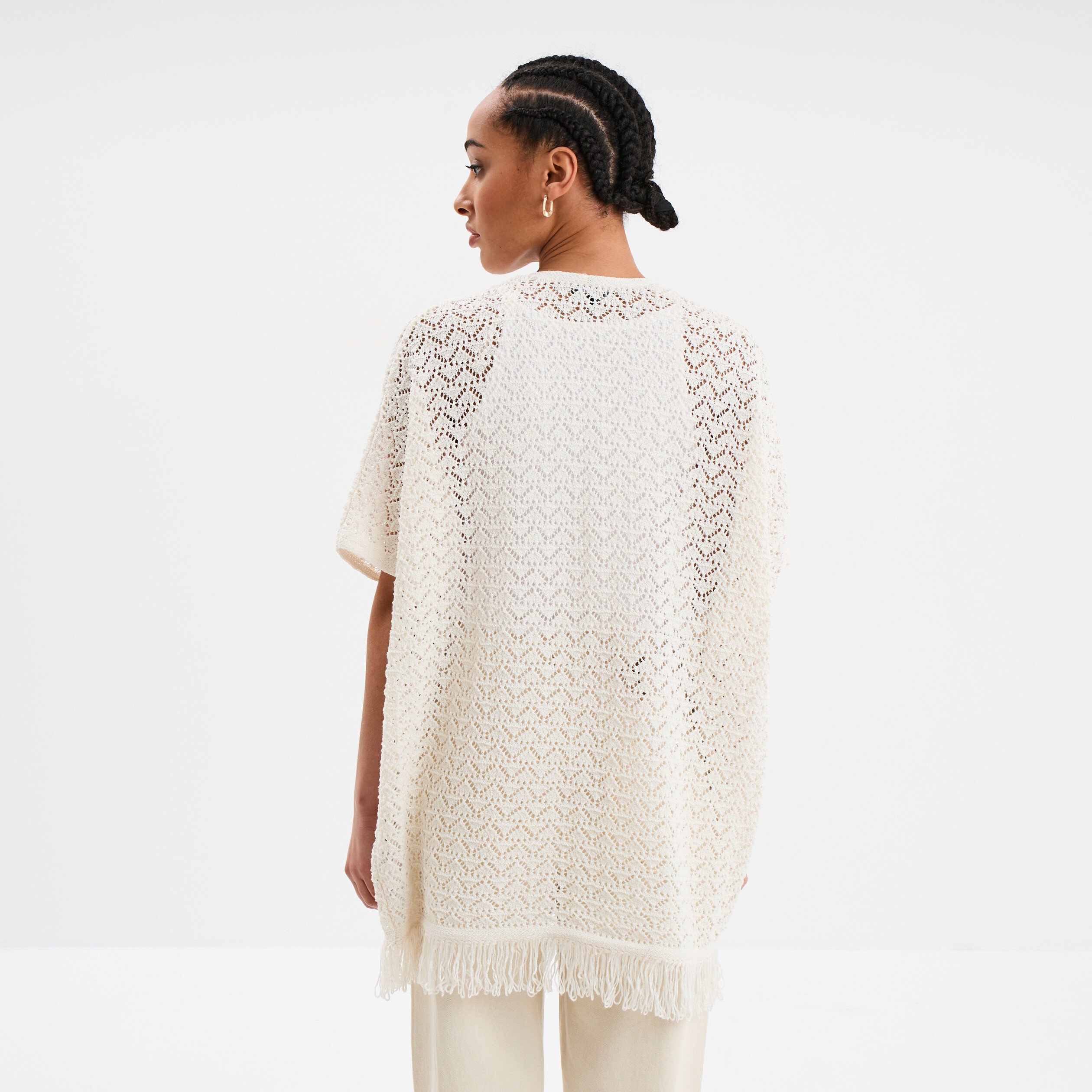 gilet mi long ajoure a franges blanc femme Gilet mi-long ajouré à franges blanc femme