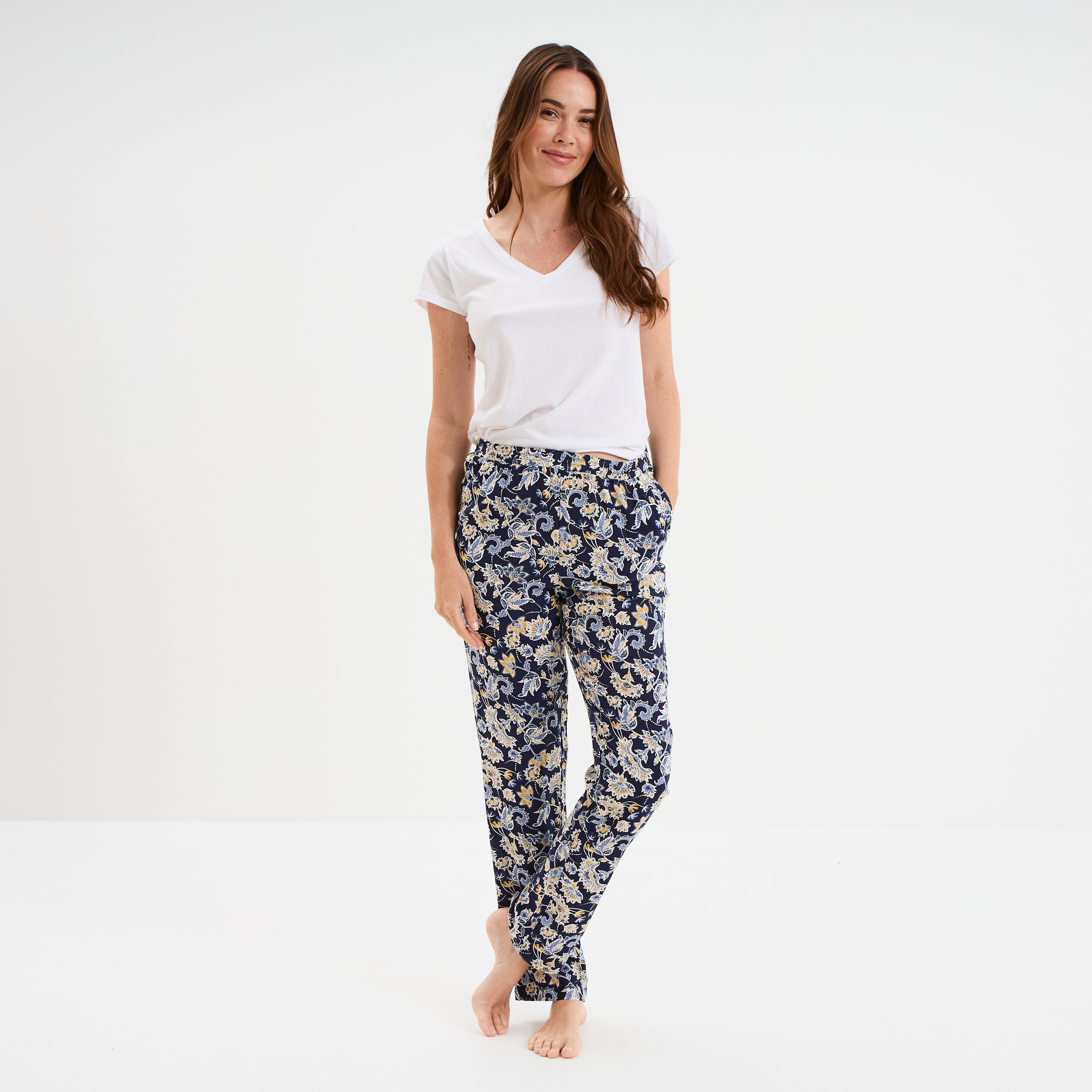 pantalon de pyjama fluide taille haute bleu marine femme Pantalon de pyjama fluide taille haute bleu marine femme