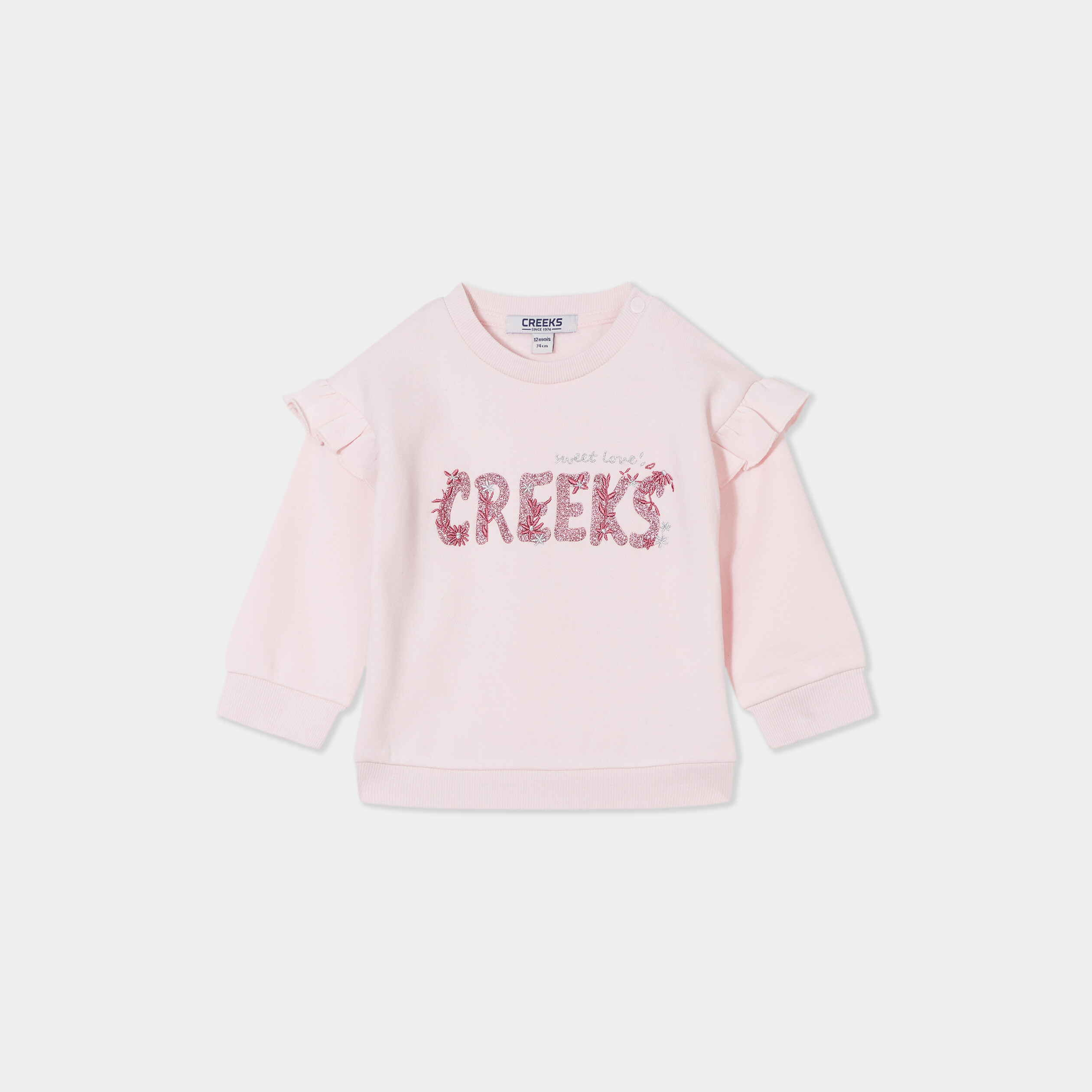 sweat volants et details brodes creeks rose clair bebef Sweat volants et détails brodés Creeks rose clair bébé fille