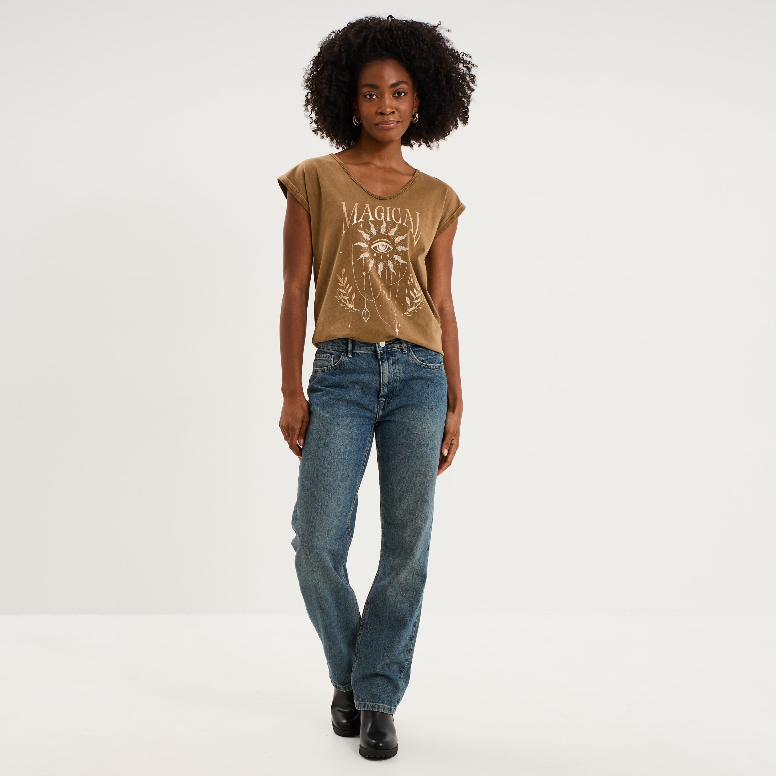 T-shirt coton col en V manches courtes beige femme