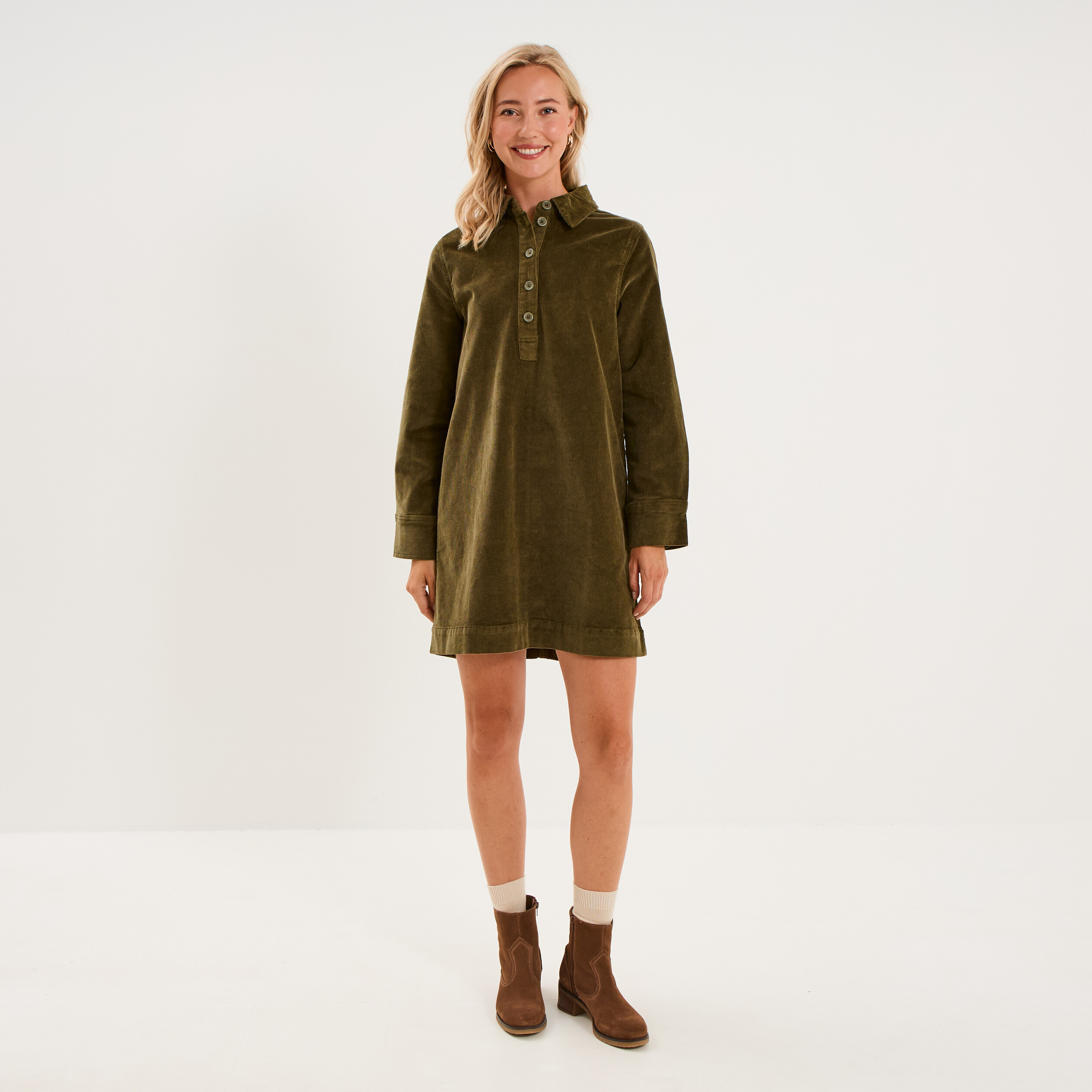 Robe droite velours col chemise vert kaki femme