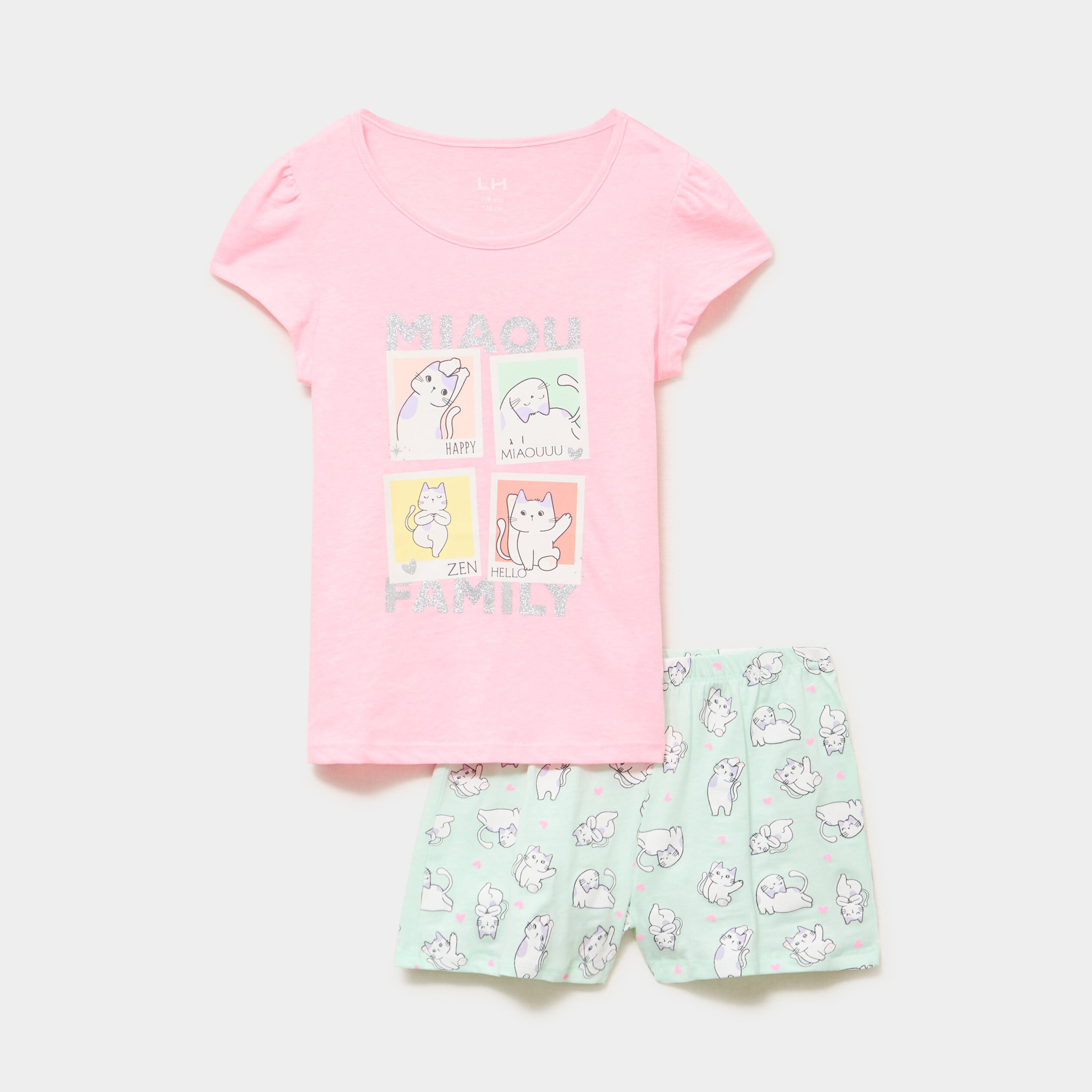 Ensemble pyjama t-shirt et short coton rose fluo fille