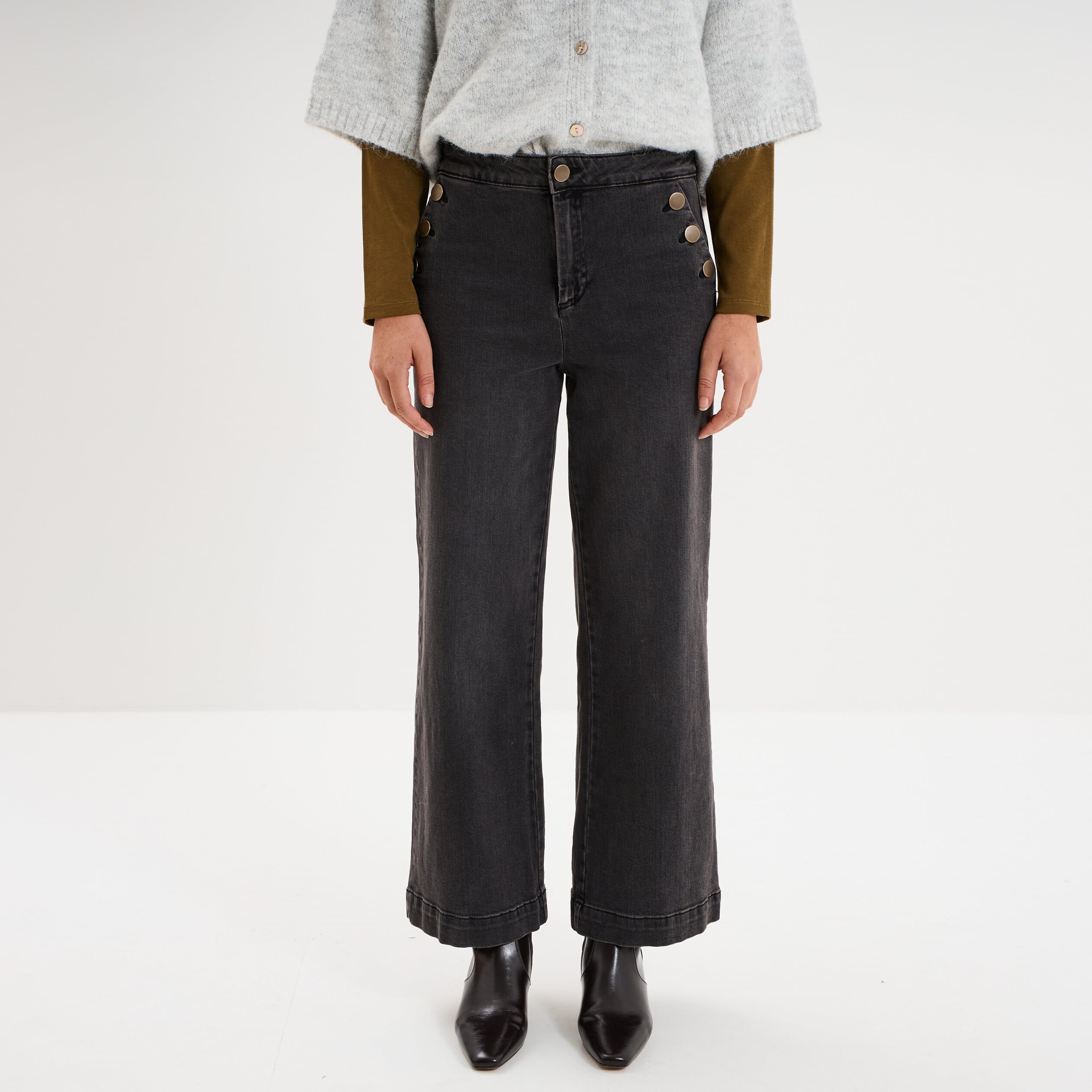 Jean large cropped &agrave; pont taille haute denim noir femme