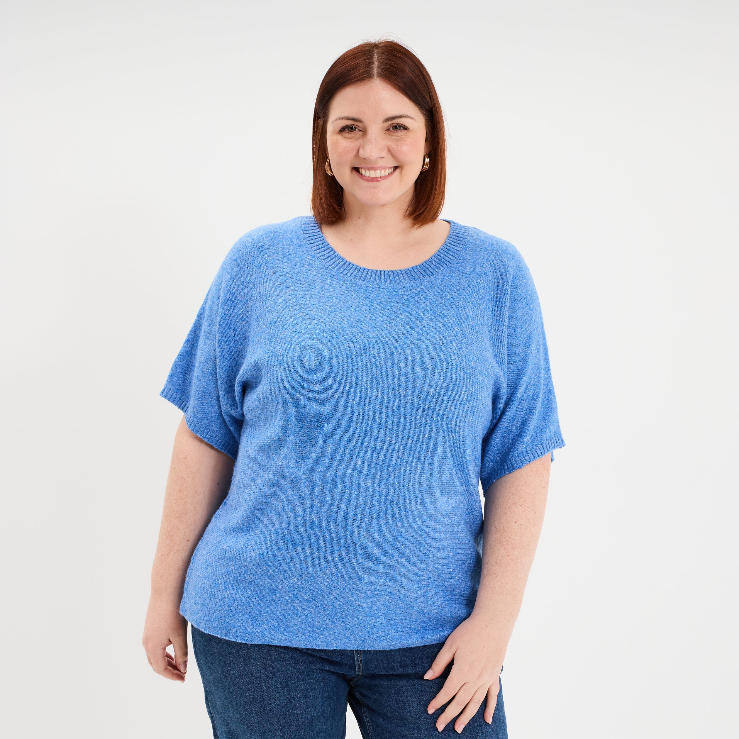 Pull manches courtes col rond bleu femme grande taille
