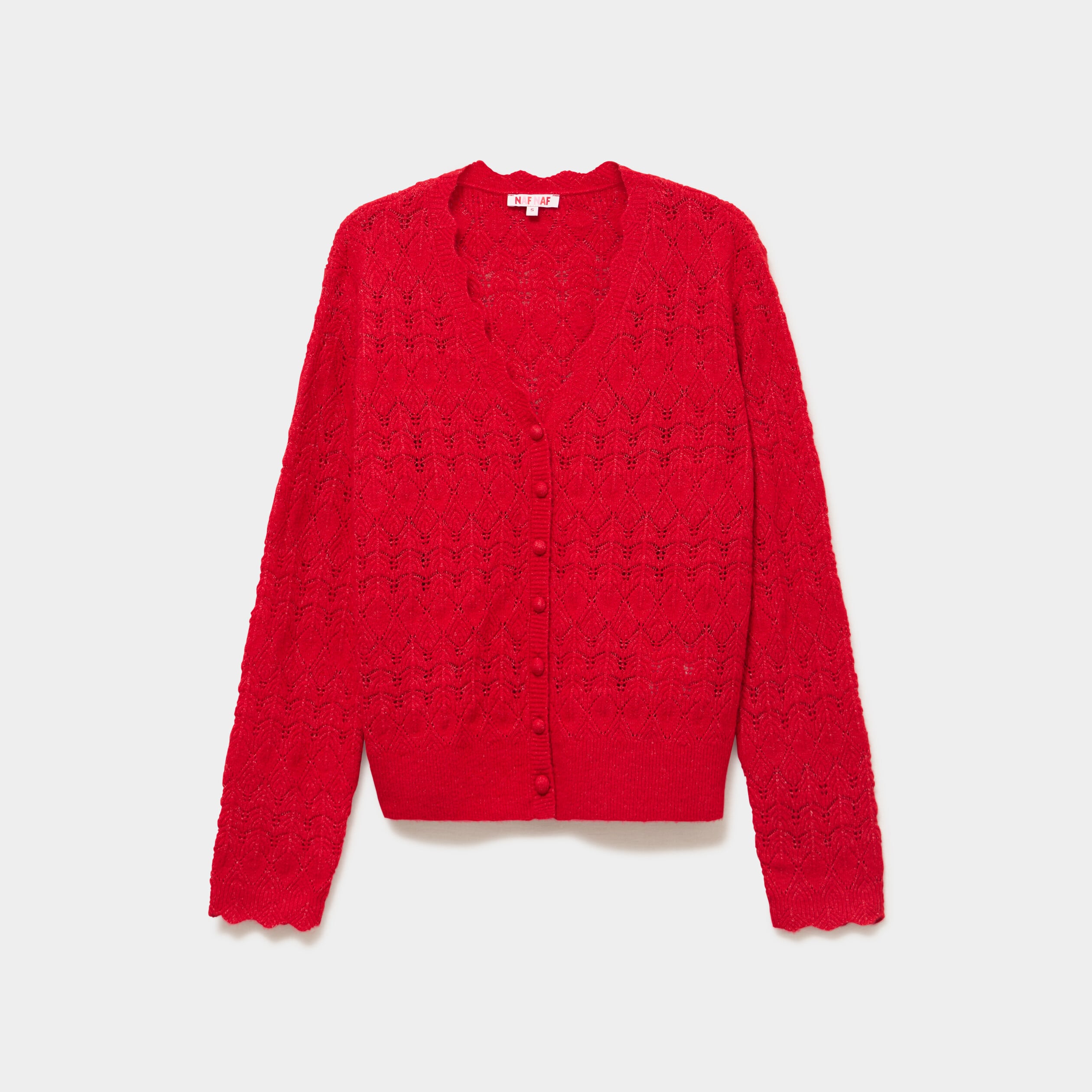 Gilet ajour&eacute; col V manches longues rouge femme