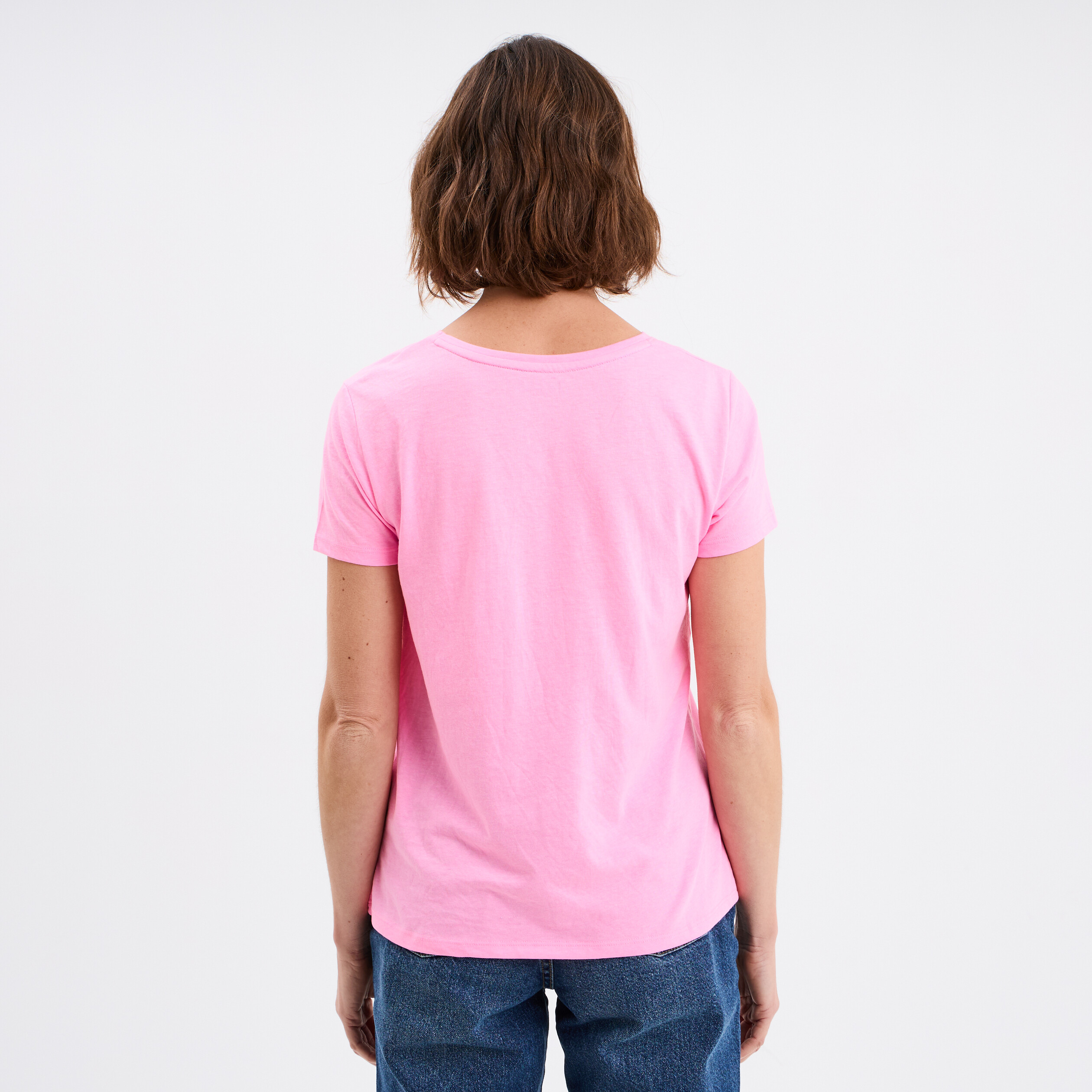 T-shirt col rond manches courtes rose fluo femme