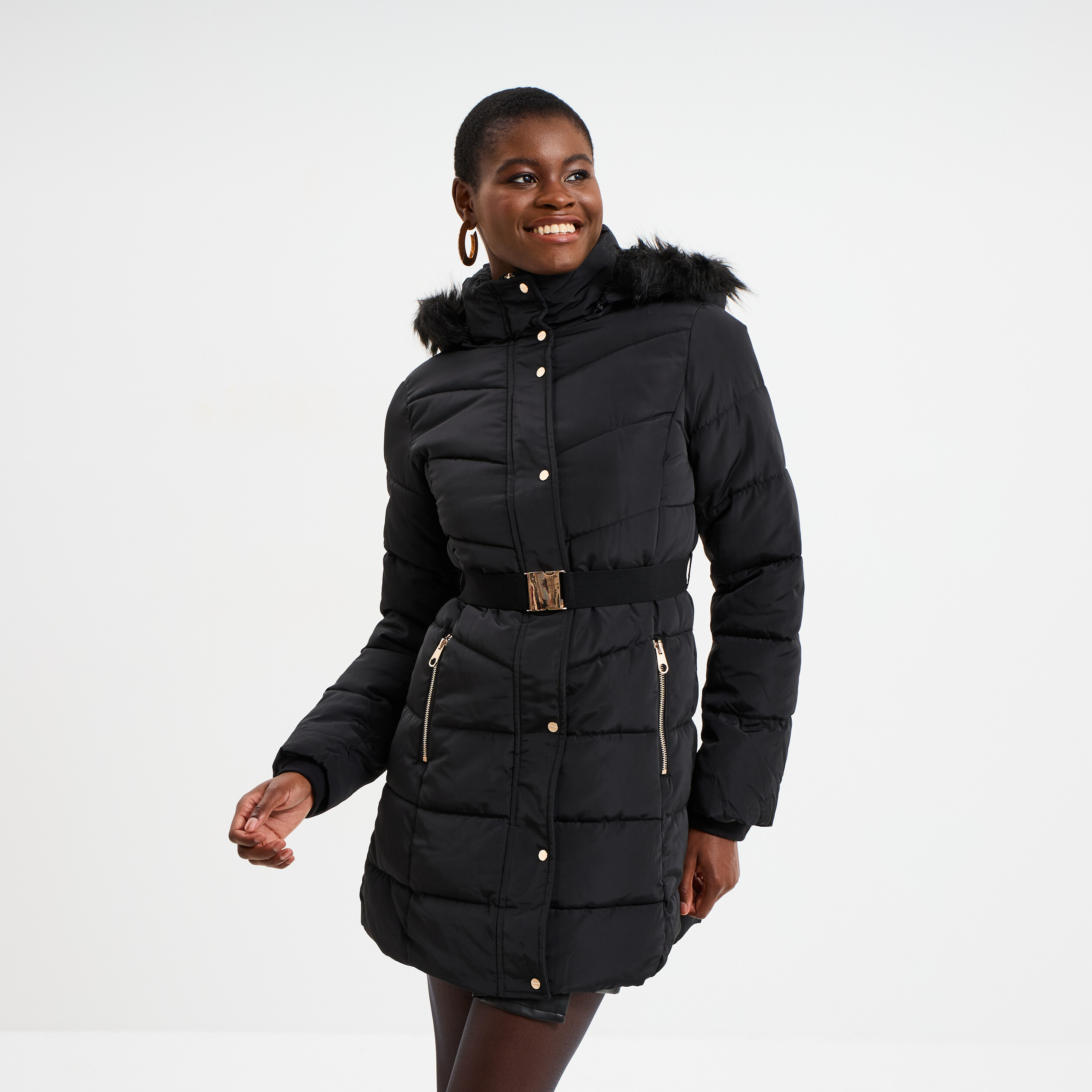 Doudoune ceinturée mi-longue à capuche noir femme