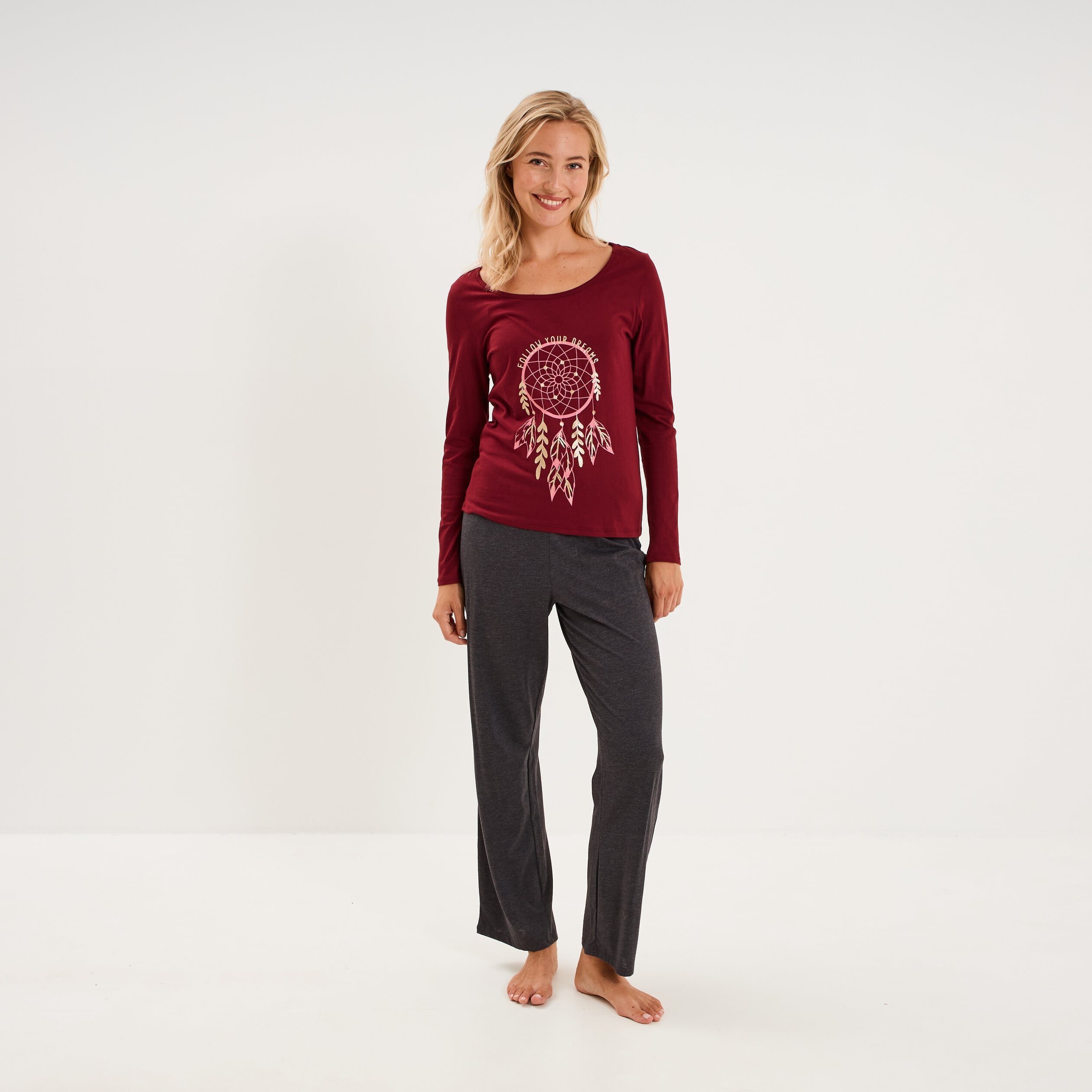 Ensemble pyjama pantalon 2 pi&egrave;ces coton bordeaux femme