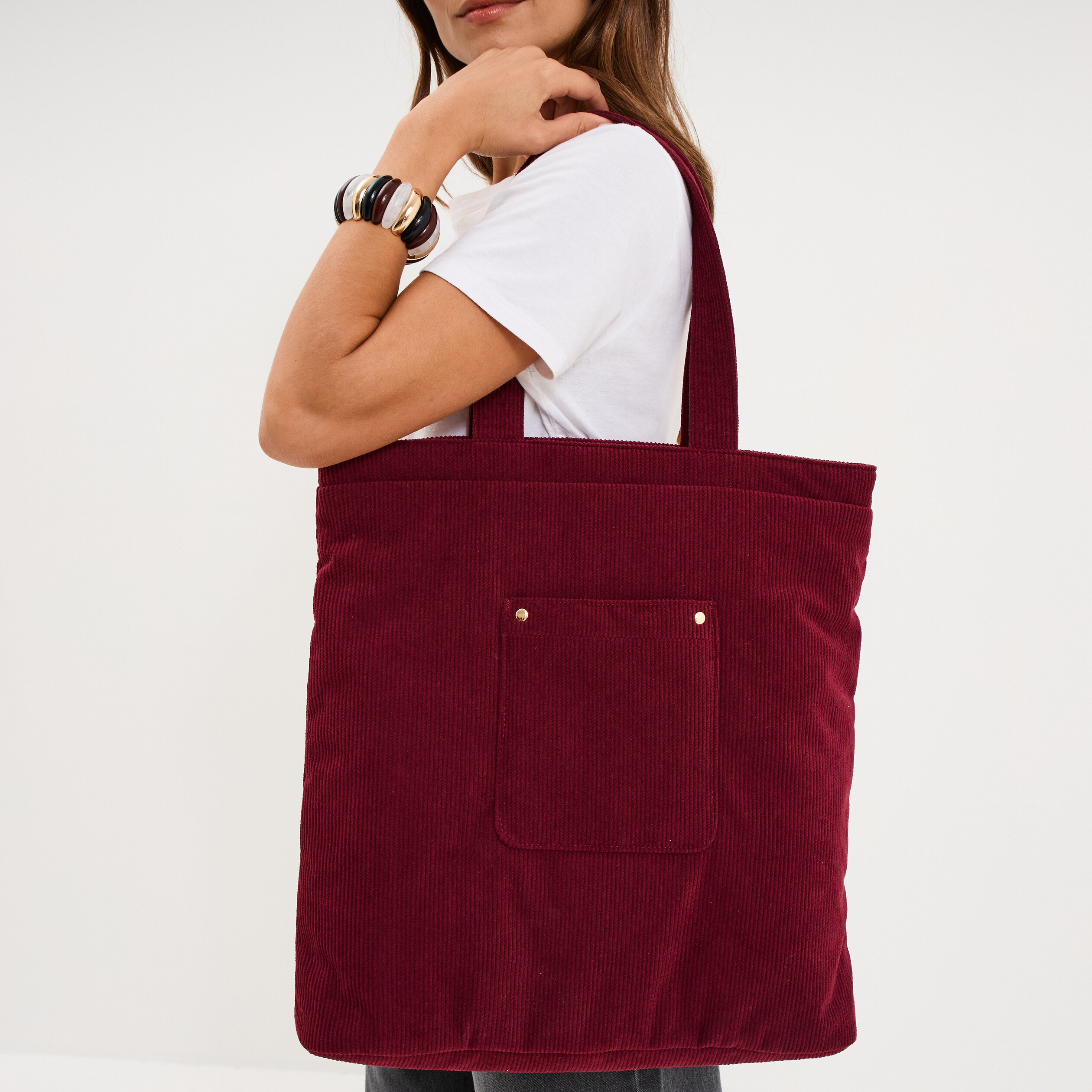 Sac tote bag zipp&eacute; effet velours bordeaux femme