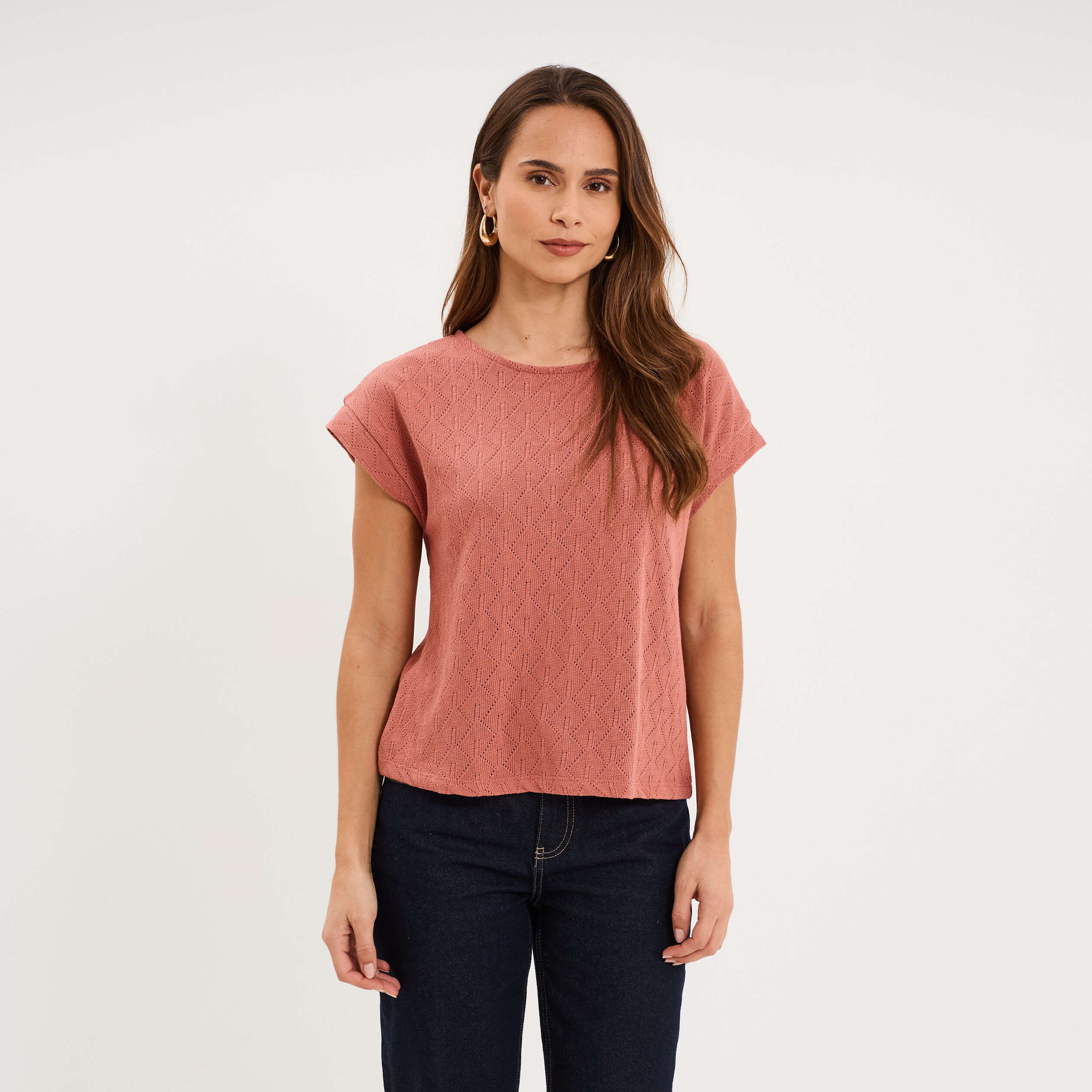 T-shirt ajour&eacute; manches courtes terracotta femme