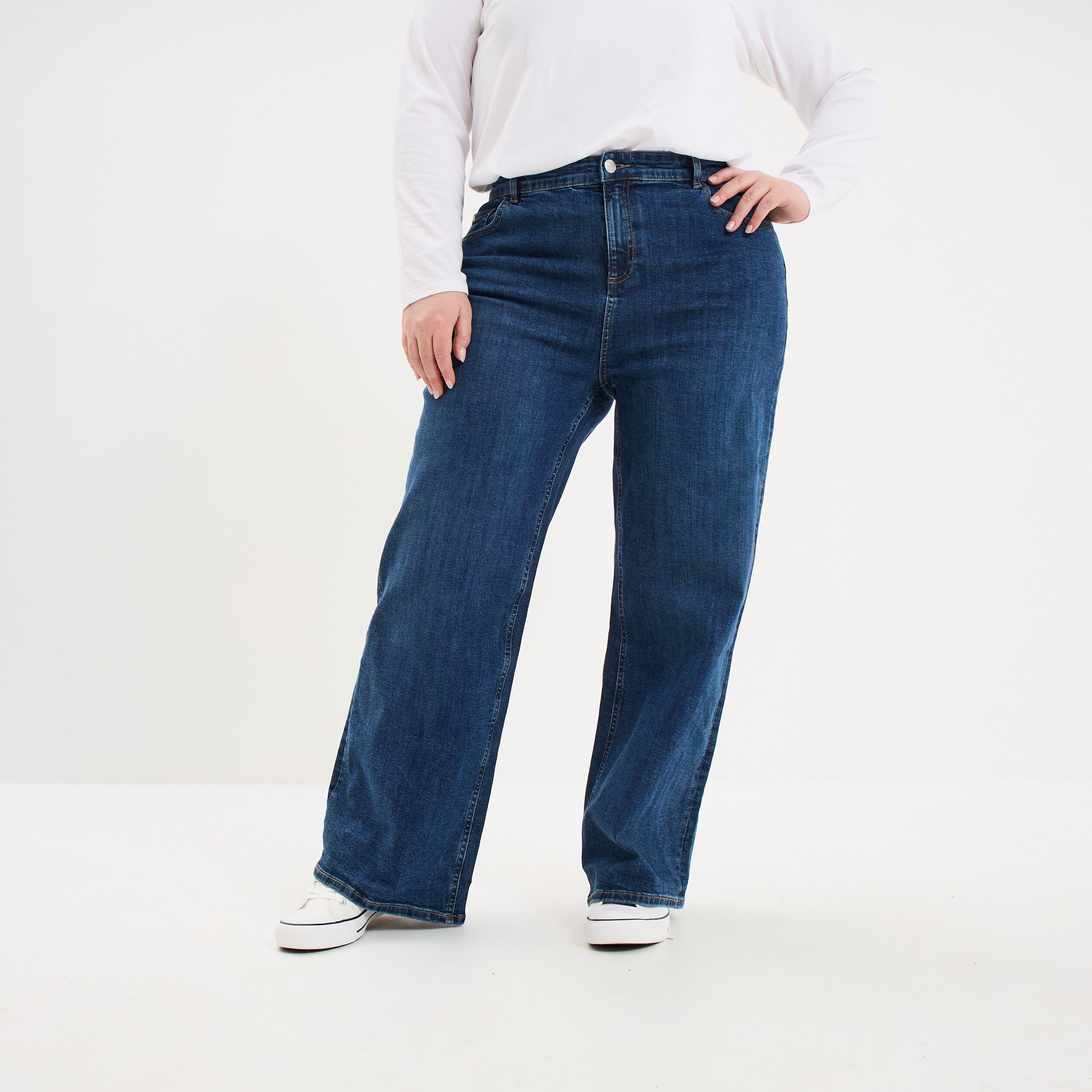 Jean taille haute wide leg cropped denim stone femme grande taille