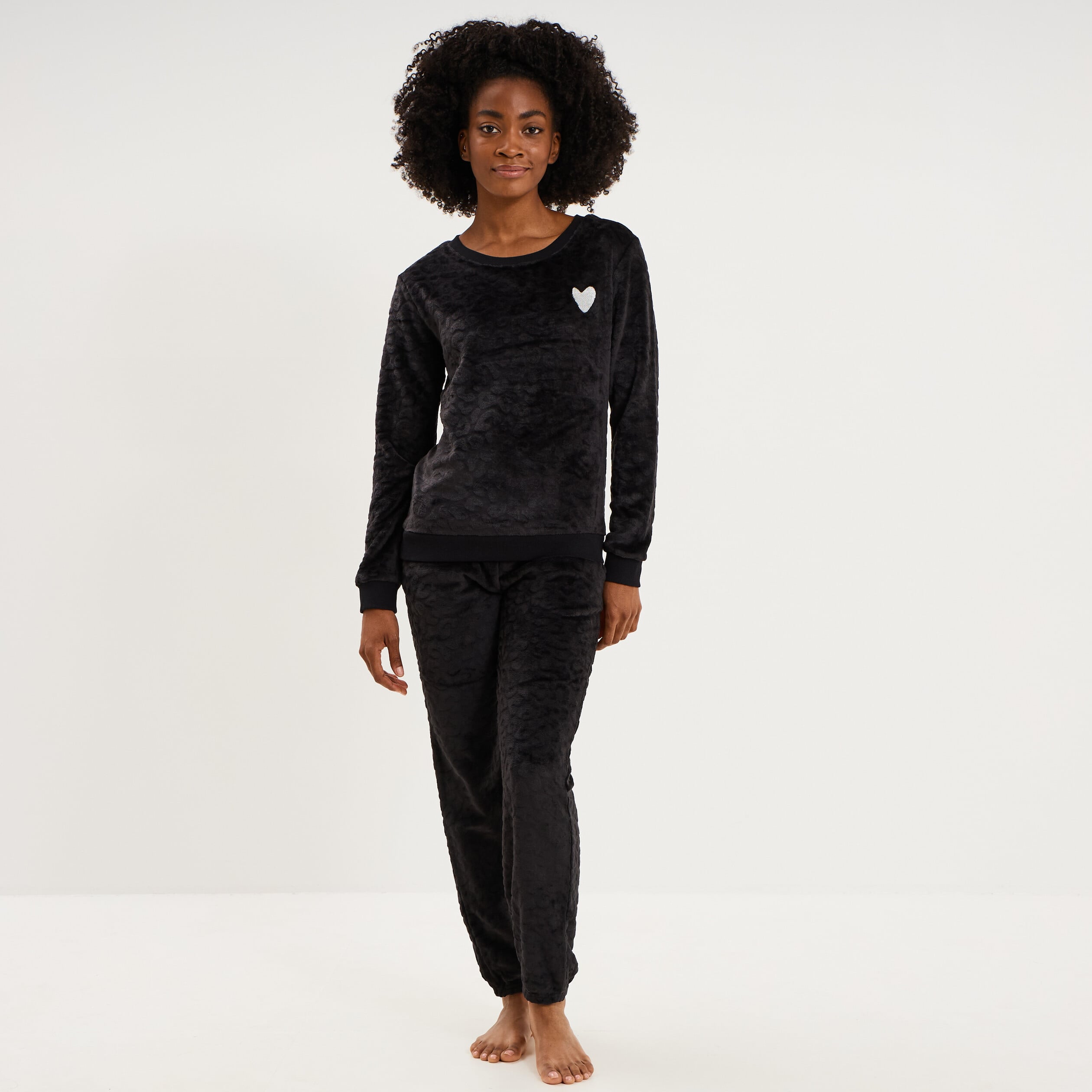 Ensemble pyjama effet polaire col rond noir femme