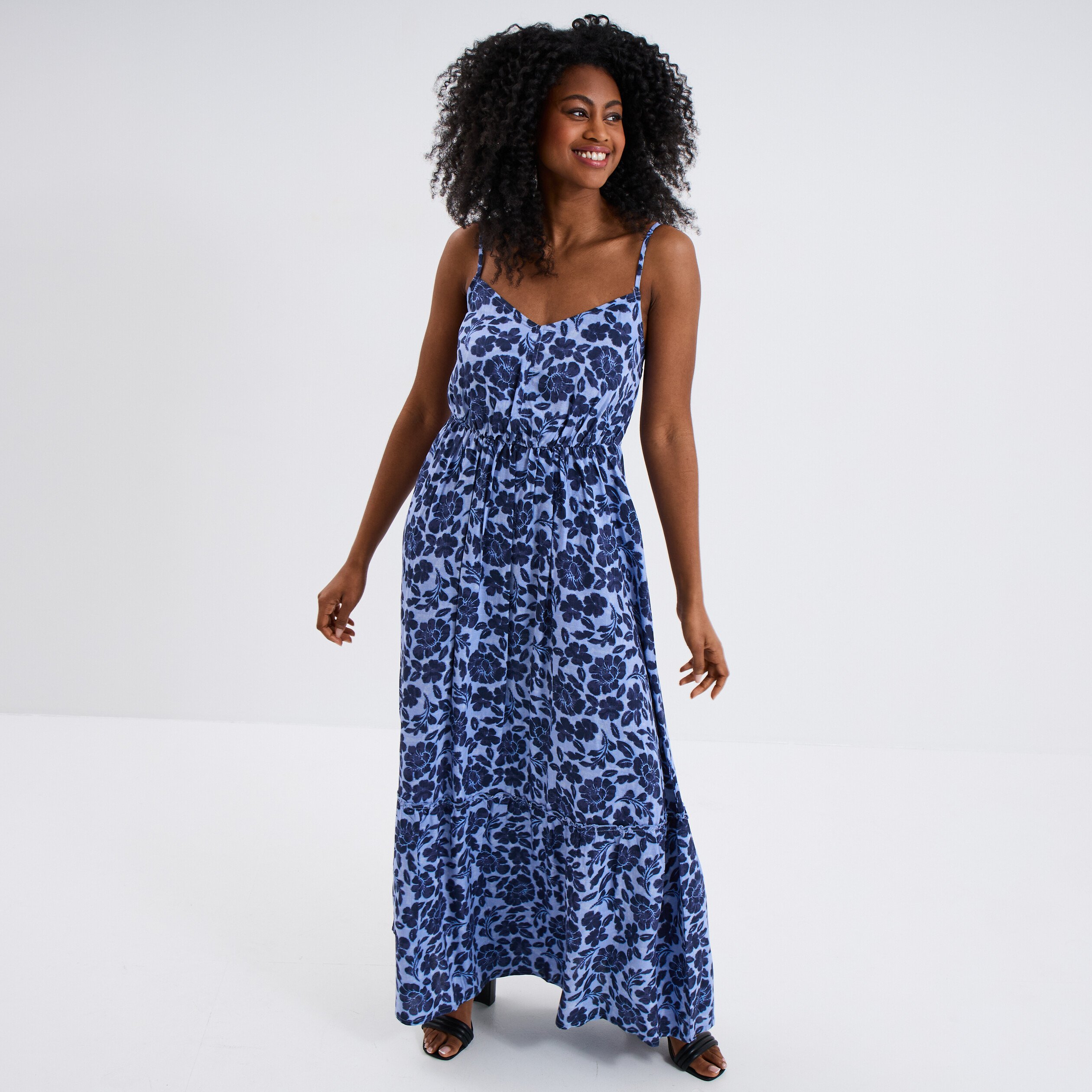 robe longue bretelles et col en v bleu femme Robe longue bretelles et col en V bleu femme