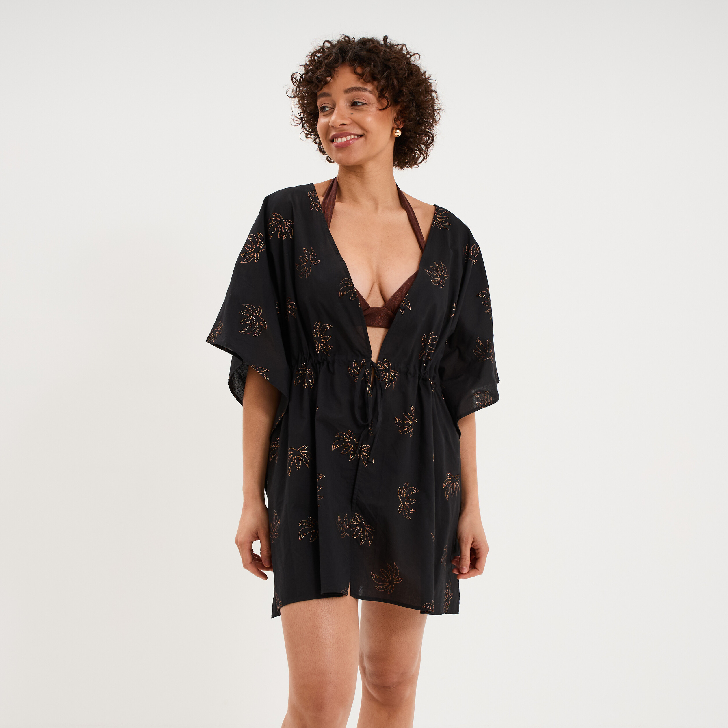 Robe de plage en coton col V noir femme