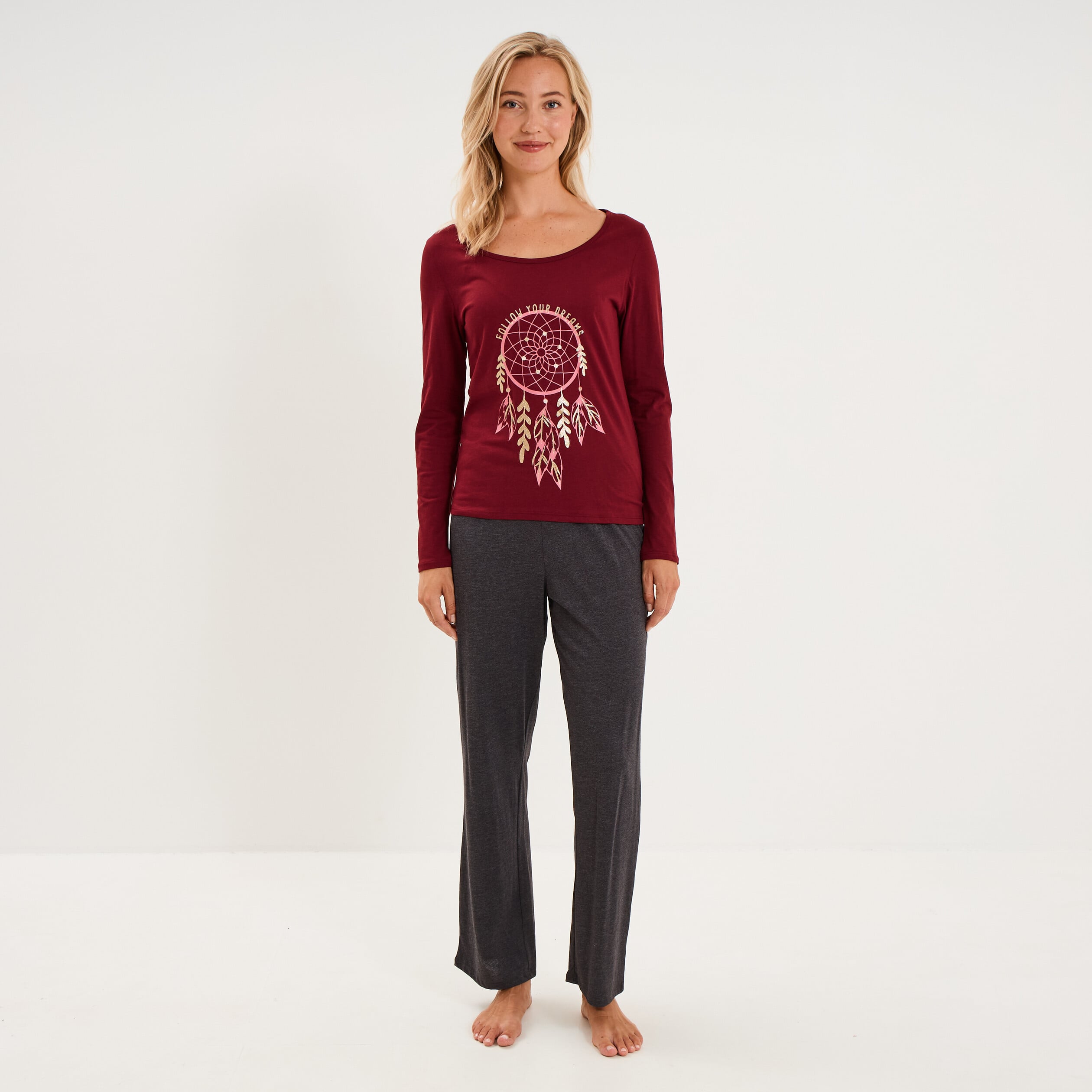 Ensemble pyjama pantalon 2 pi&egrave;ces coton bordeaux femme