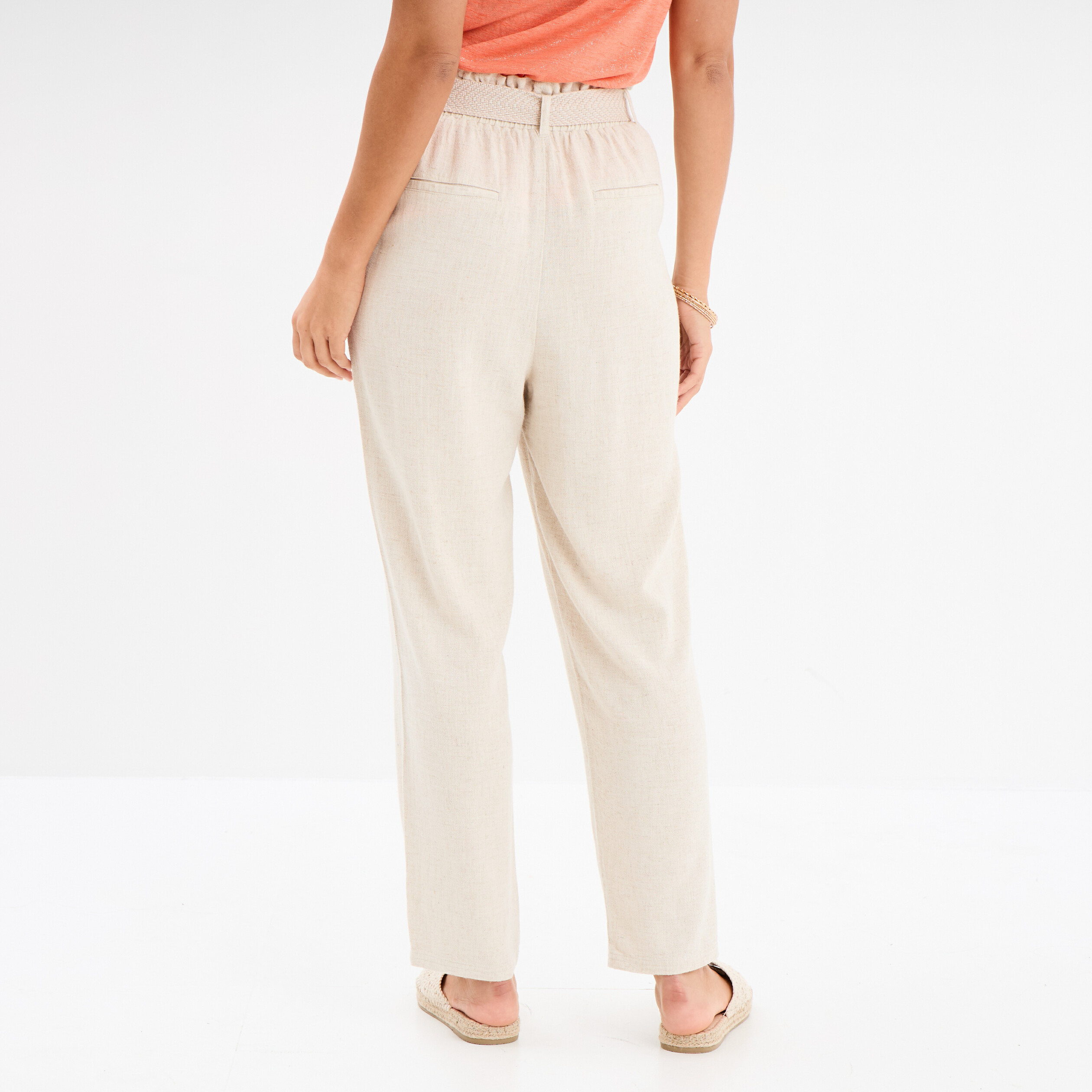 Pantalon paperbag &eacute;lastiqu&eacute; m&eacute;lange lin beige femme