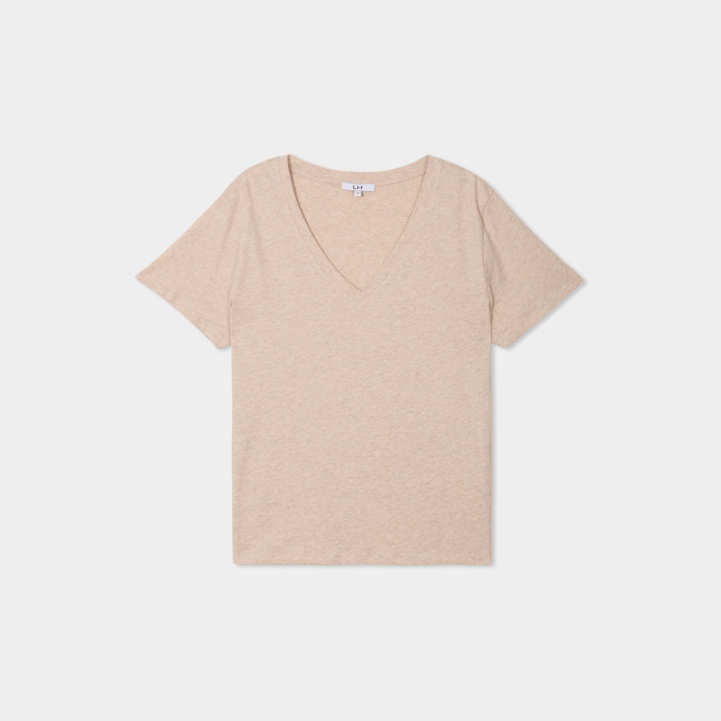 T-shirt manches courtes col en V coton beige femme