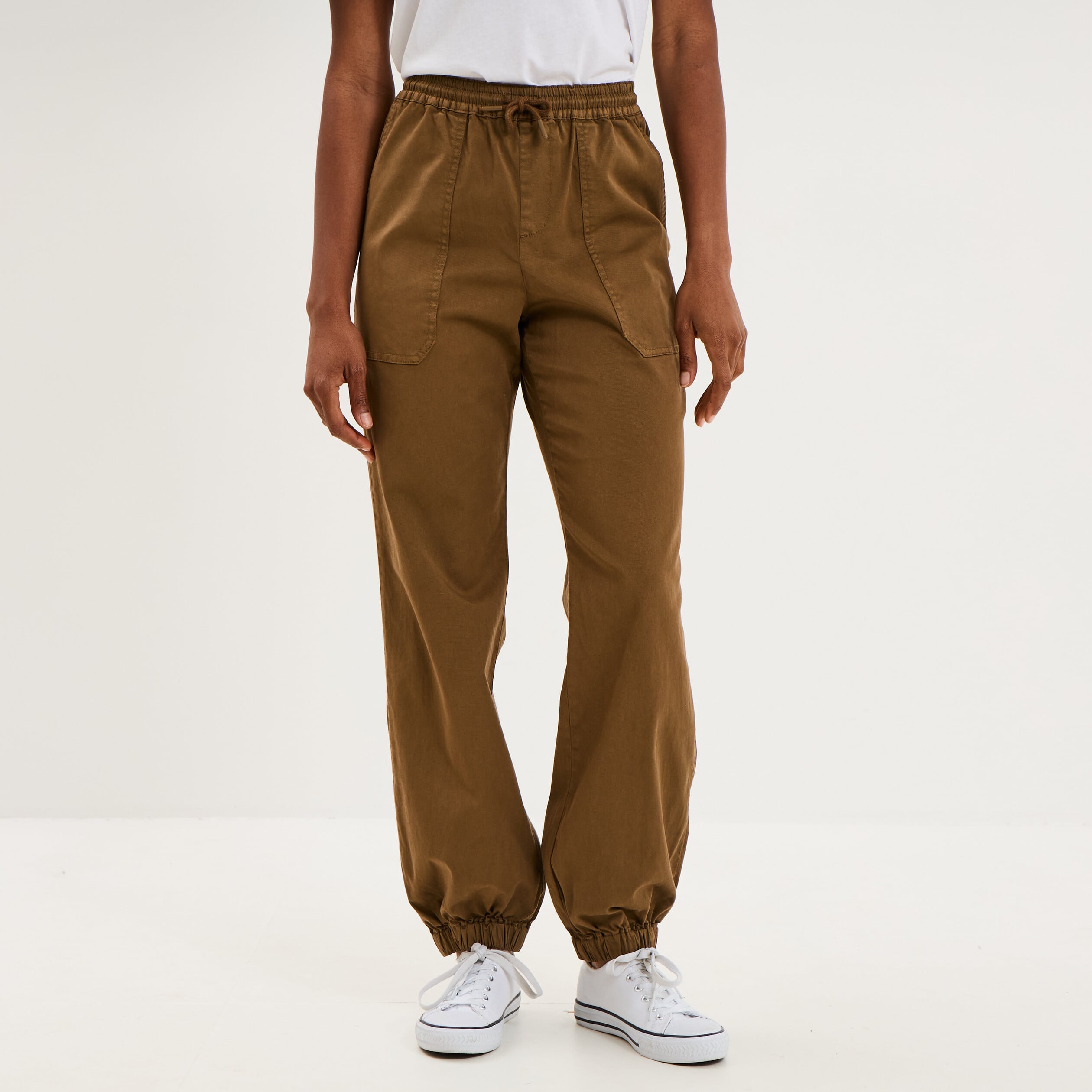 Pantalon molleton cargo droit cropped beige femme
