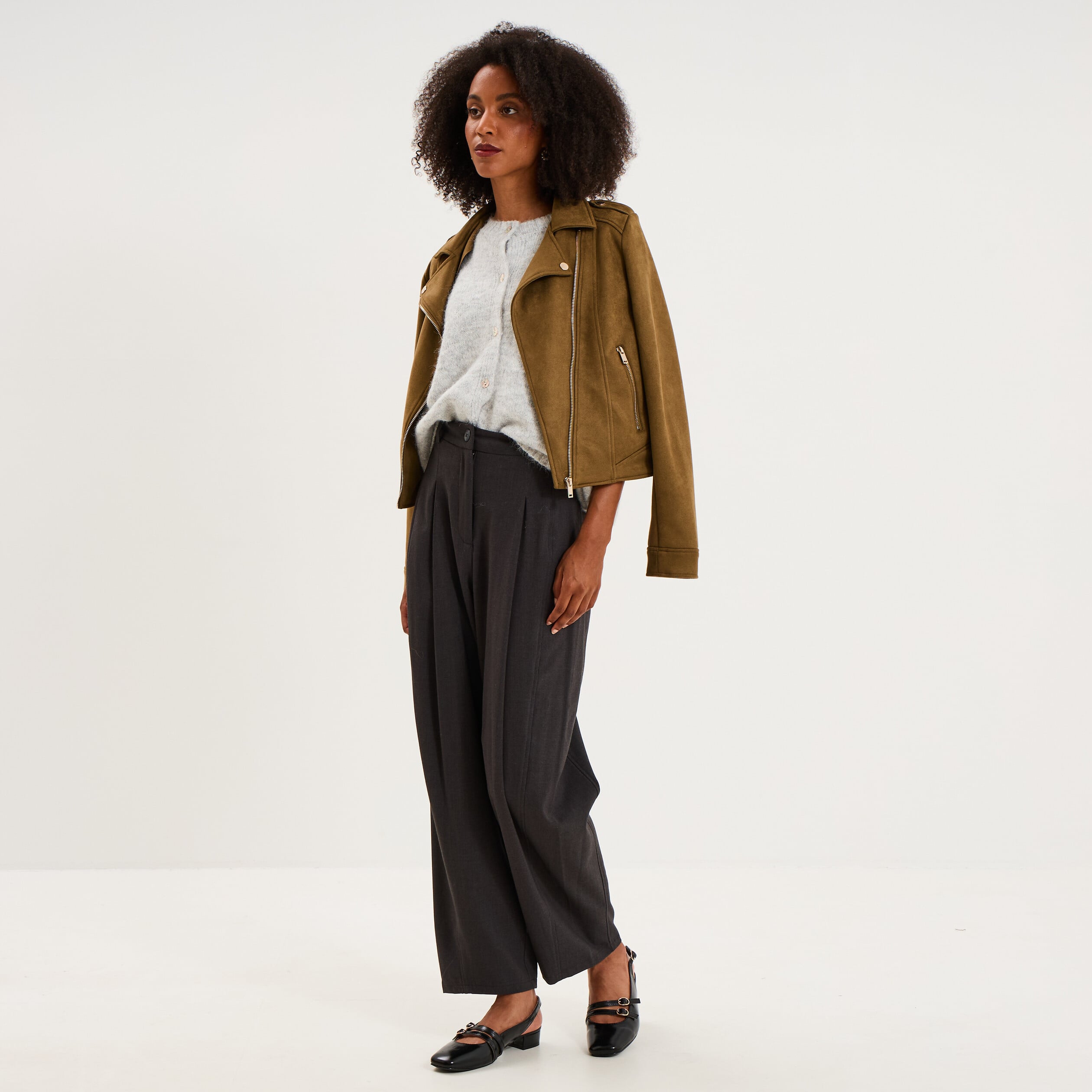Pantalon ballon taille haute &agrave; pinces gris fonc&eacute; femme