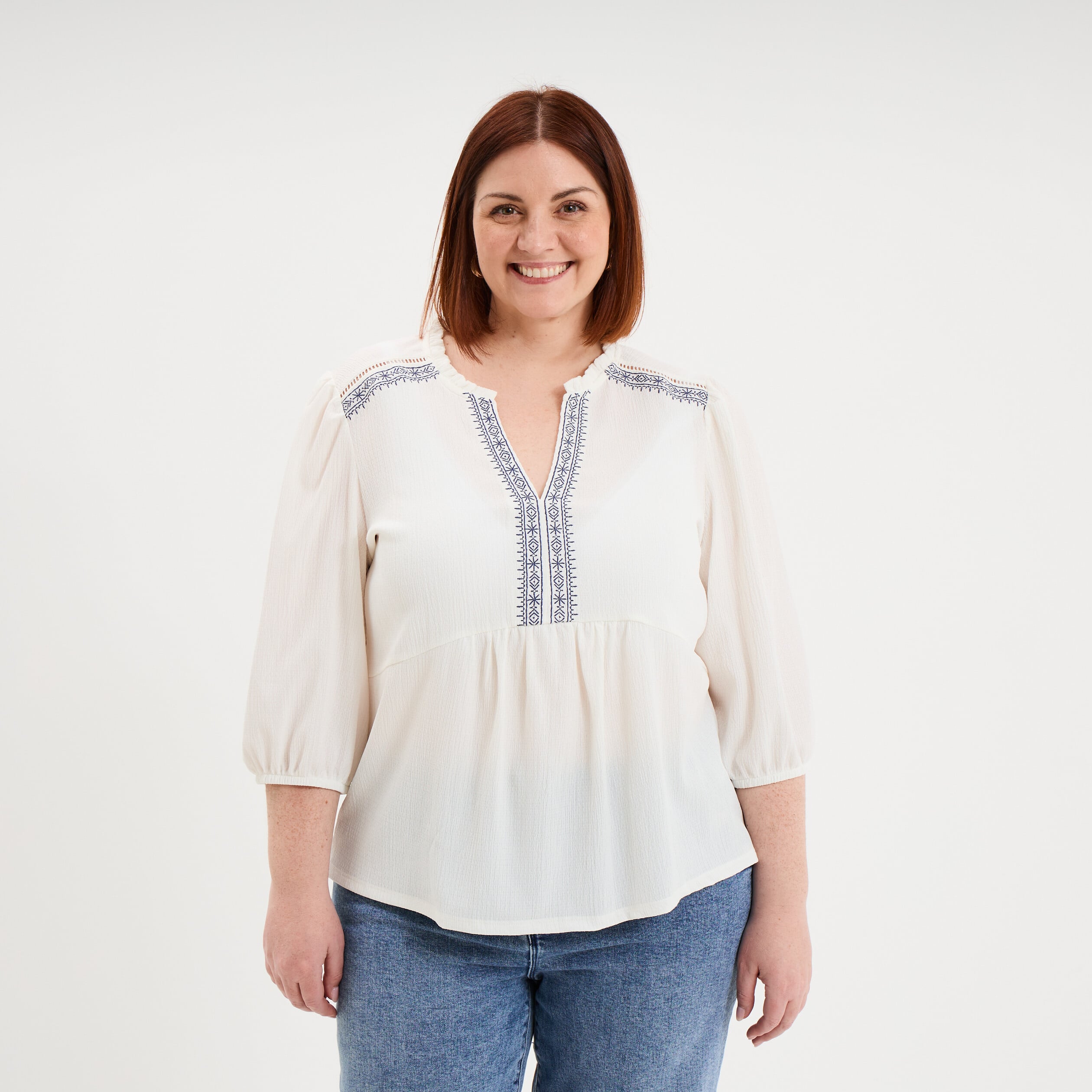 Blouse manches ballons 3/4 ecru femme grande taille