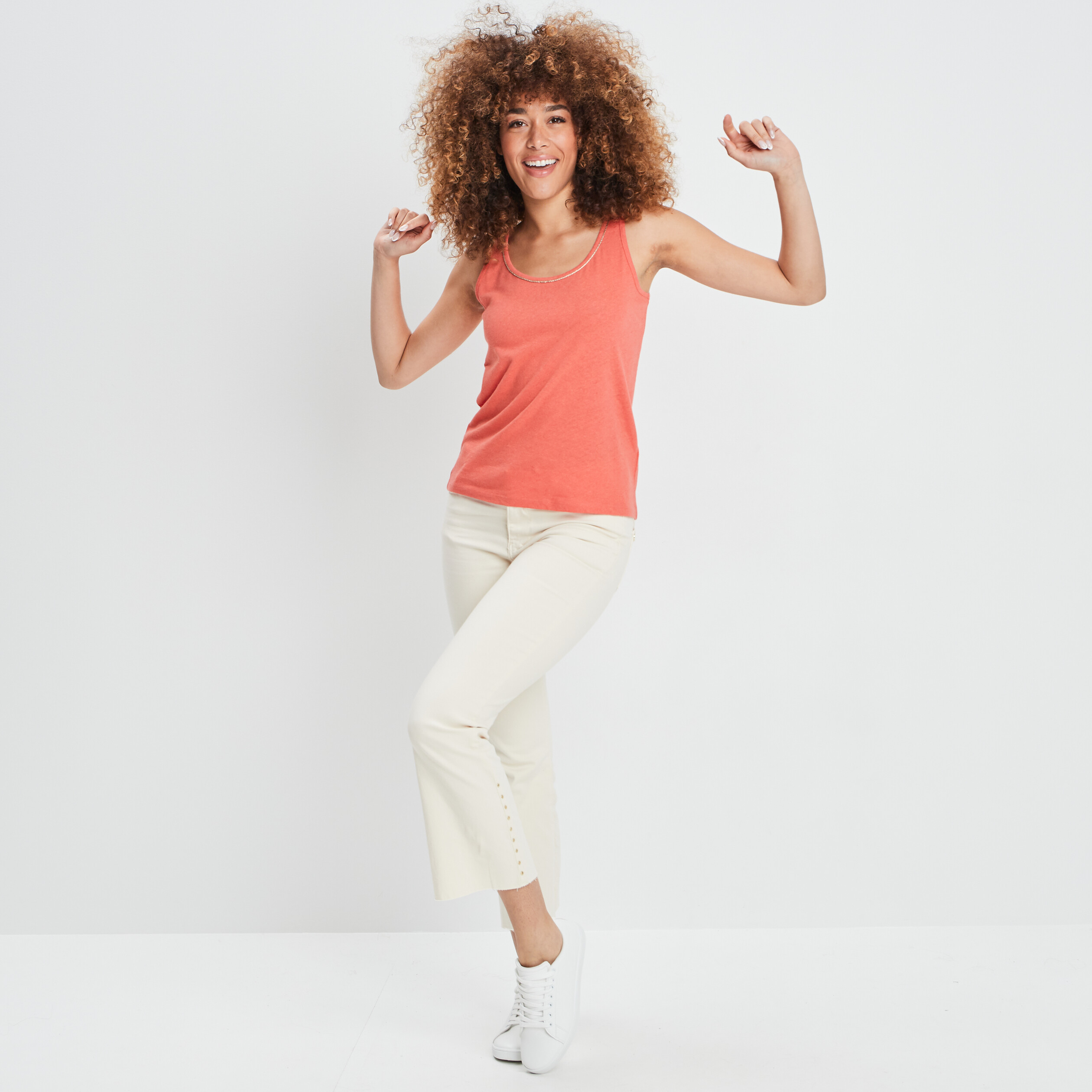 Débardeur bretelle large mélange de lin rose corail femme