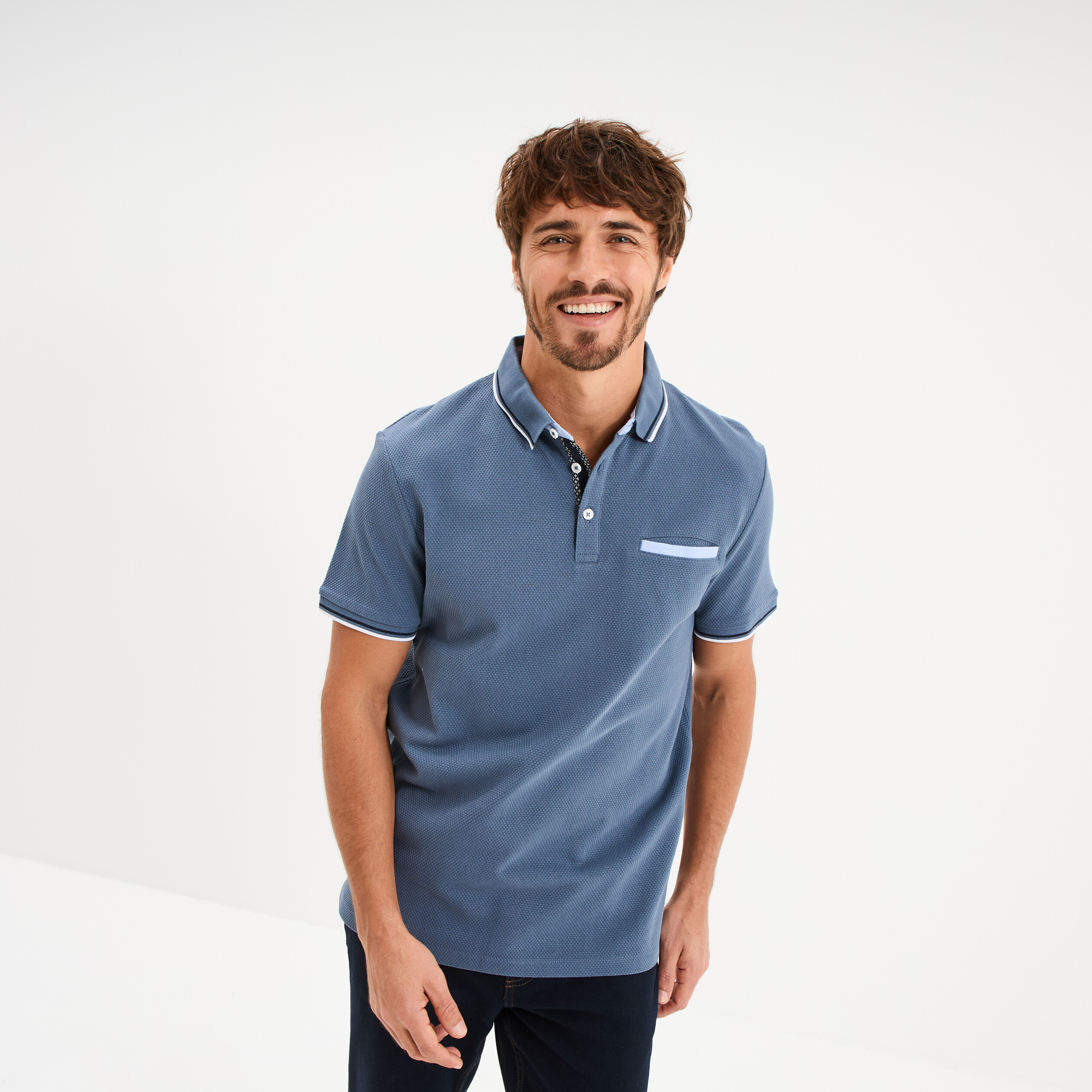 Polo piqu&eacute; manches courtes coton bleu gris homme