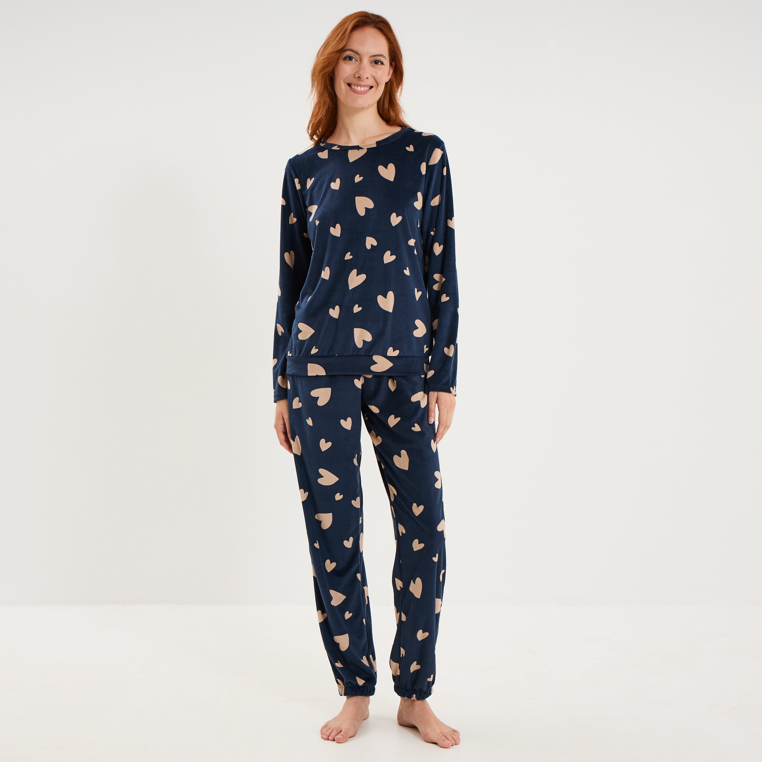 Ensemble pyjama t-shirt pantalon velours bleu gris femme