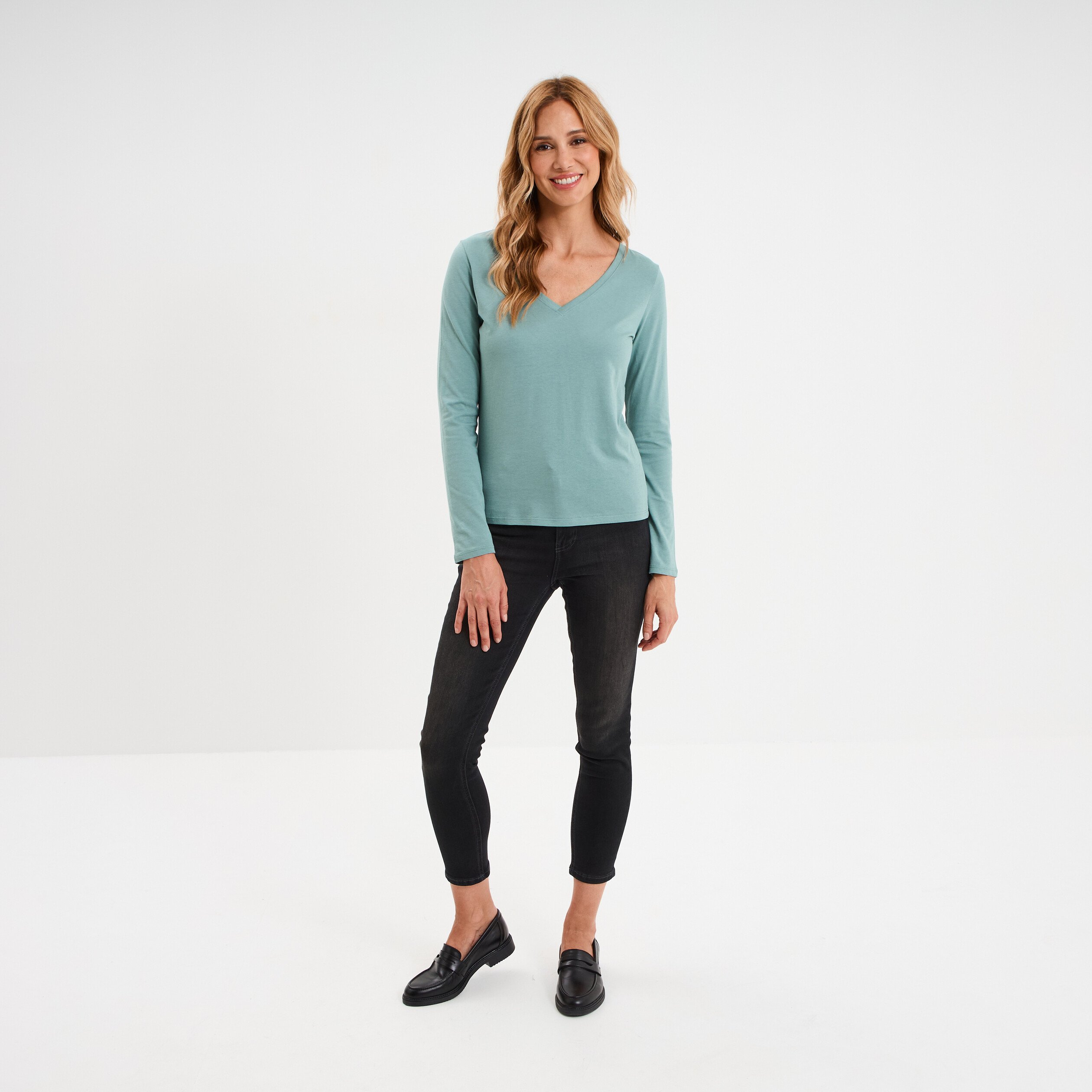 t shirt col en v manches longues coton bleu gris femme T-shirt col en V manches longues coton bleu gris femme