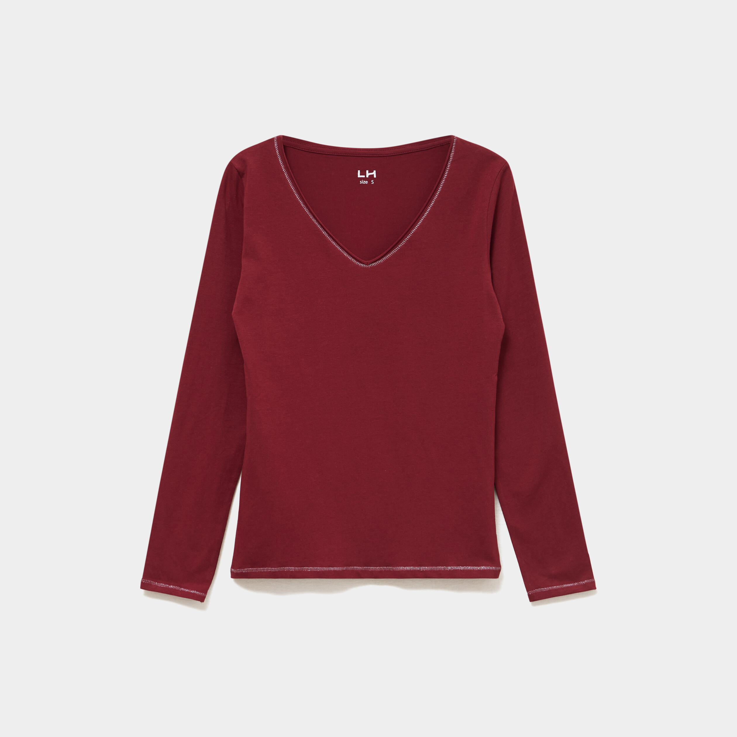 T-shirt manches longues col en V coton bordeaux femme