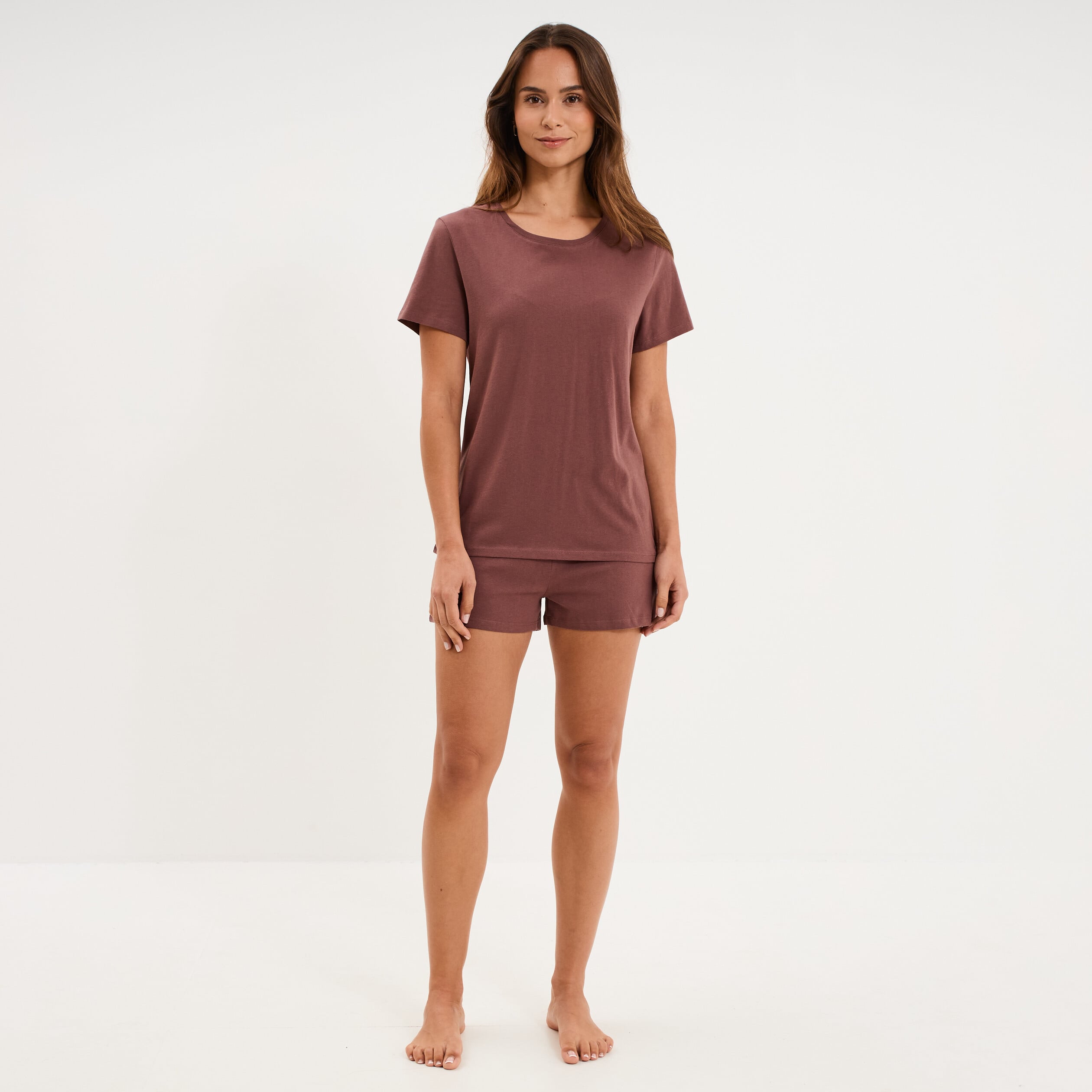 Ensemble pyjama short t-shirt coton marron chocolat femme
