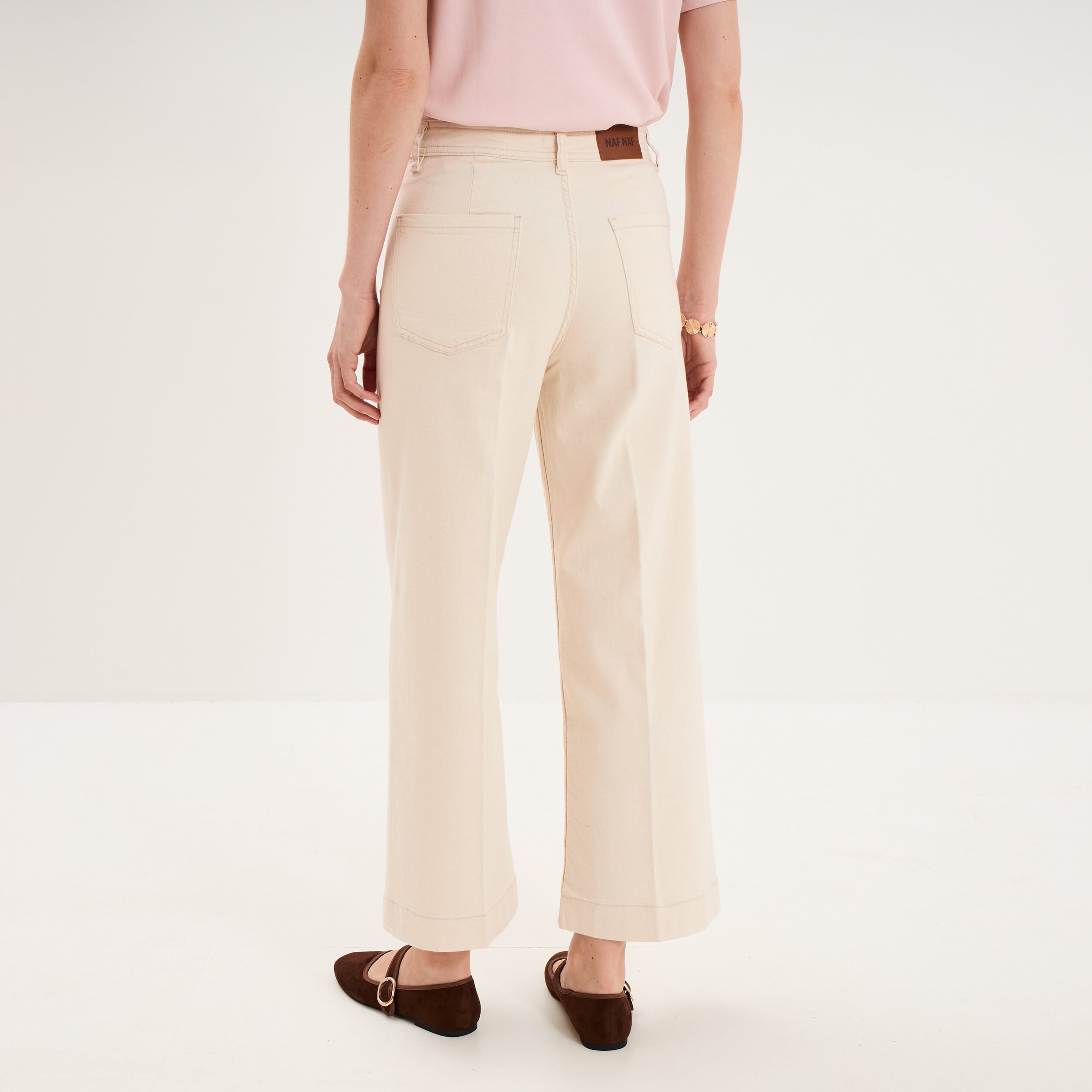 Pantalon large poche plaqu&eacute;e cropped ivoire femme