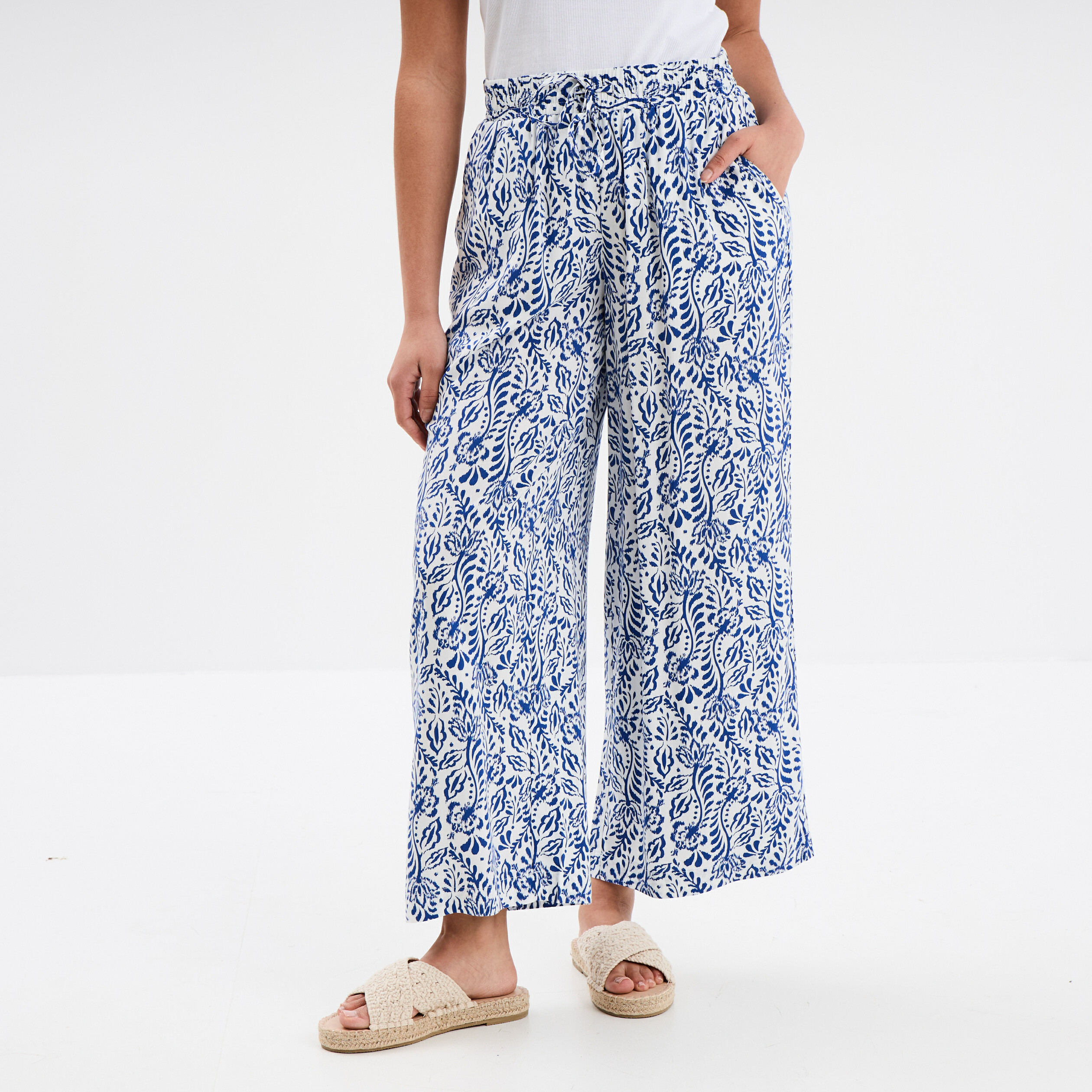pantalon fluide large taille elastiquee bleu marine femme Pantalon fluide large taille élastiquée bleu marine femme