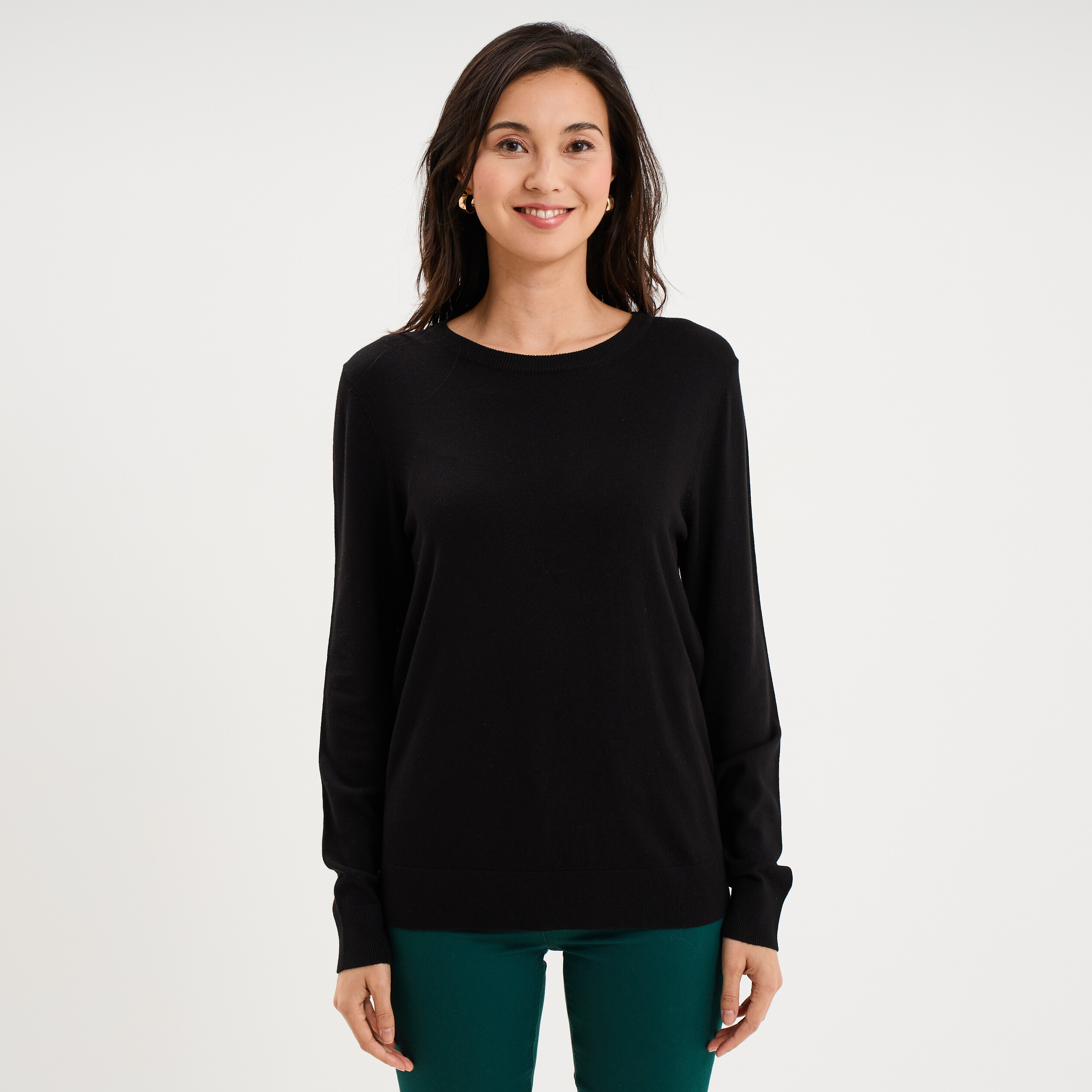 Pull col rond manches longues noir femme