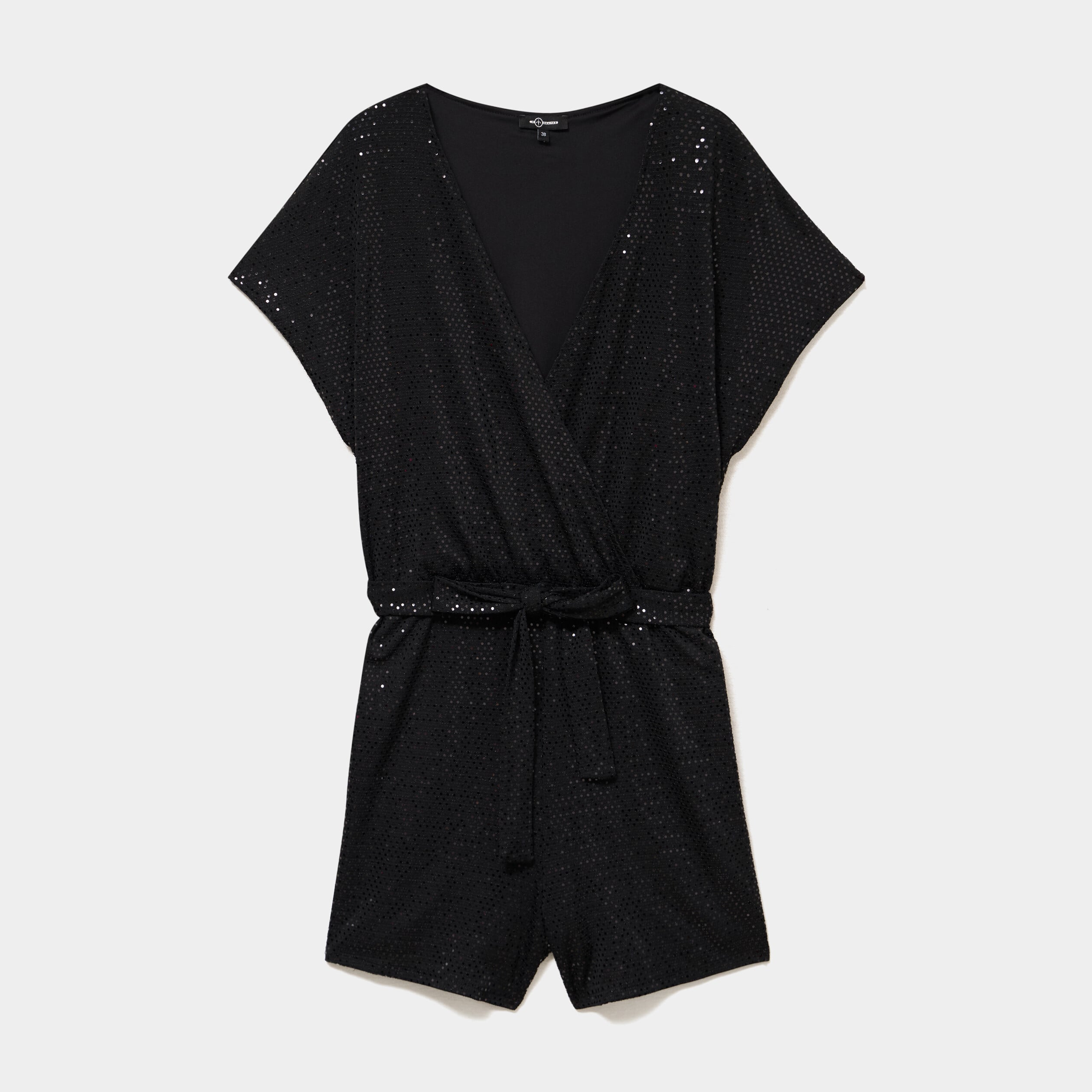 Combishort &agrave; paillettes manches courtes noir femme