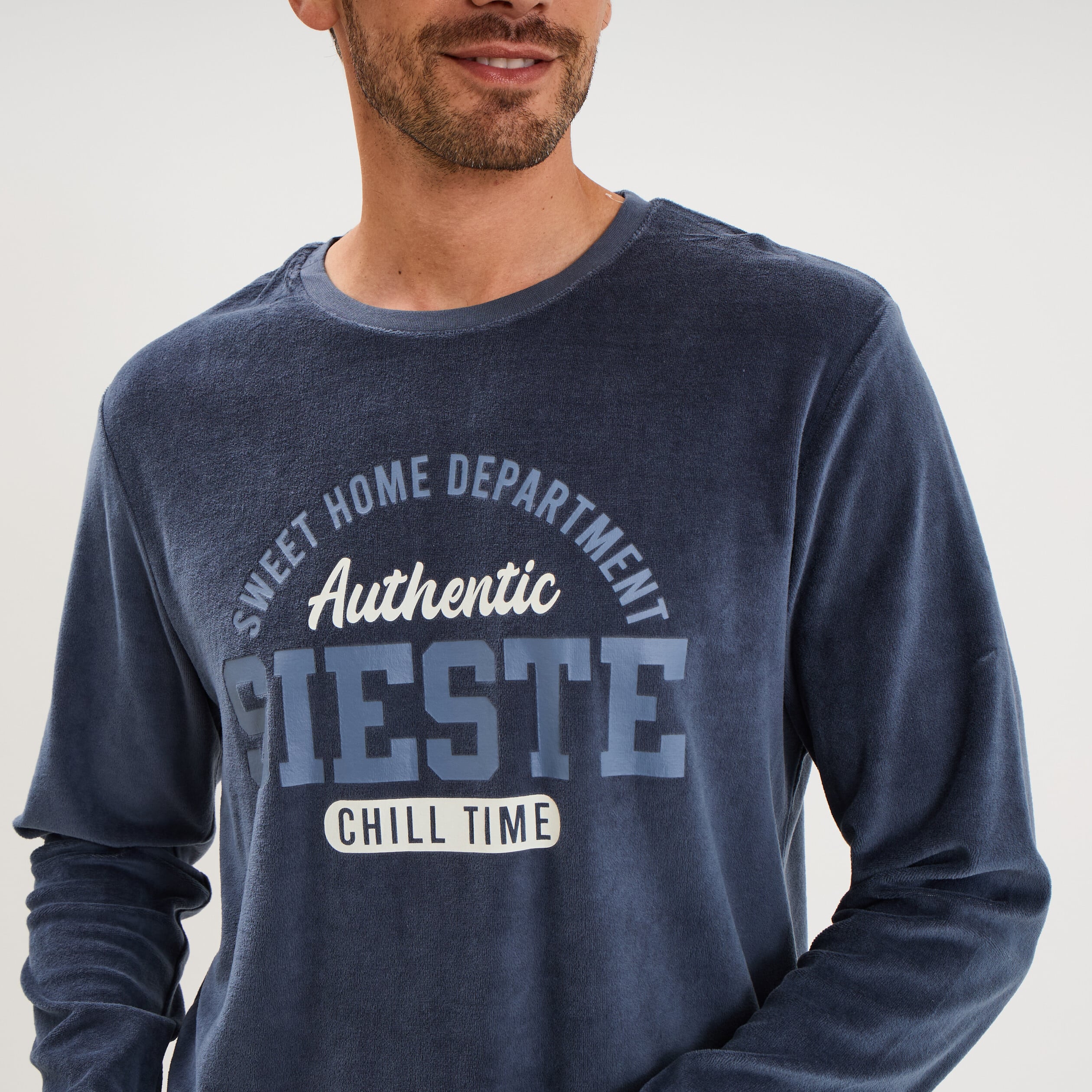 Ensemble pyjama velours t-shirt pantalon bleu homme