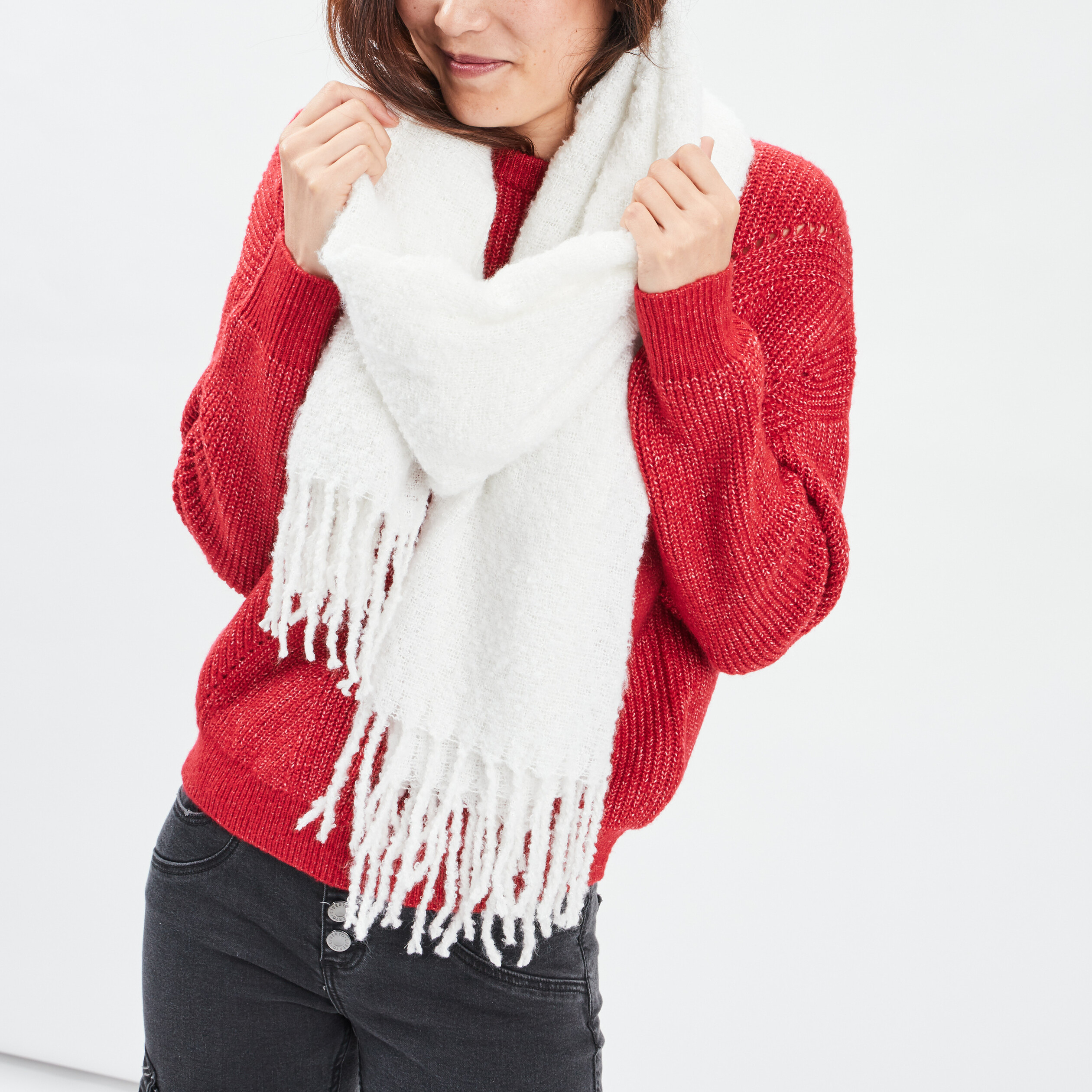 echarpe a bords franges longues ivoire femme Écharpe à bords franges longues ivoire femme