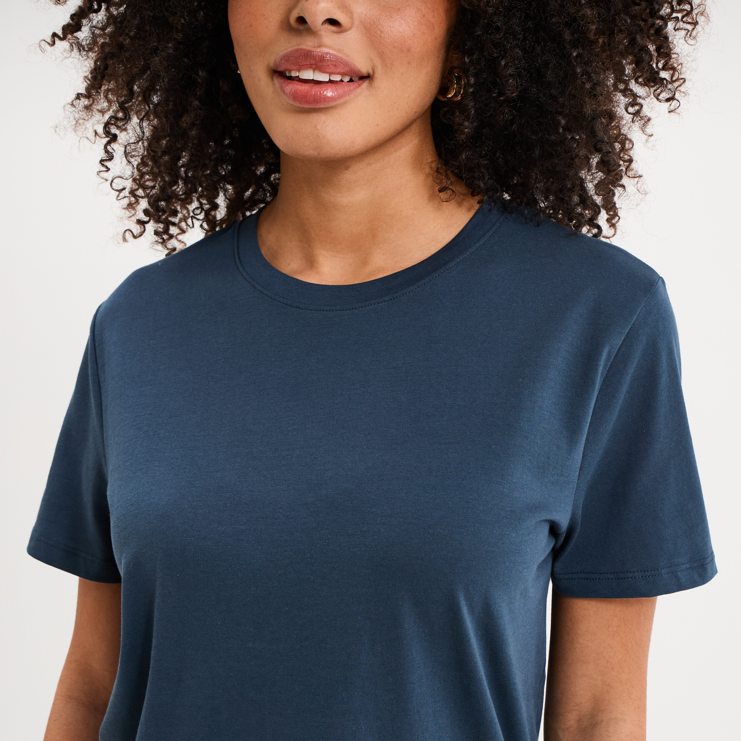 T-shirt col rond manches courtes coton bleu marine femme